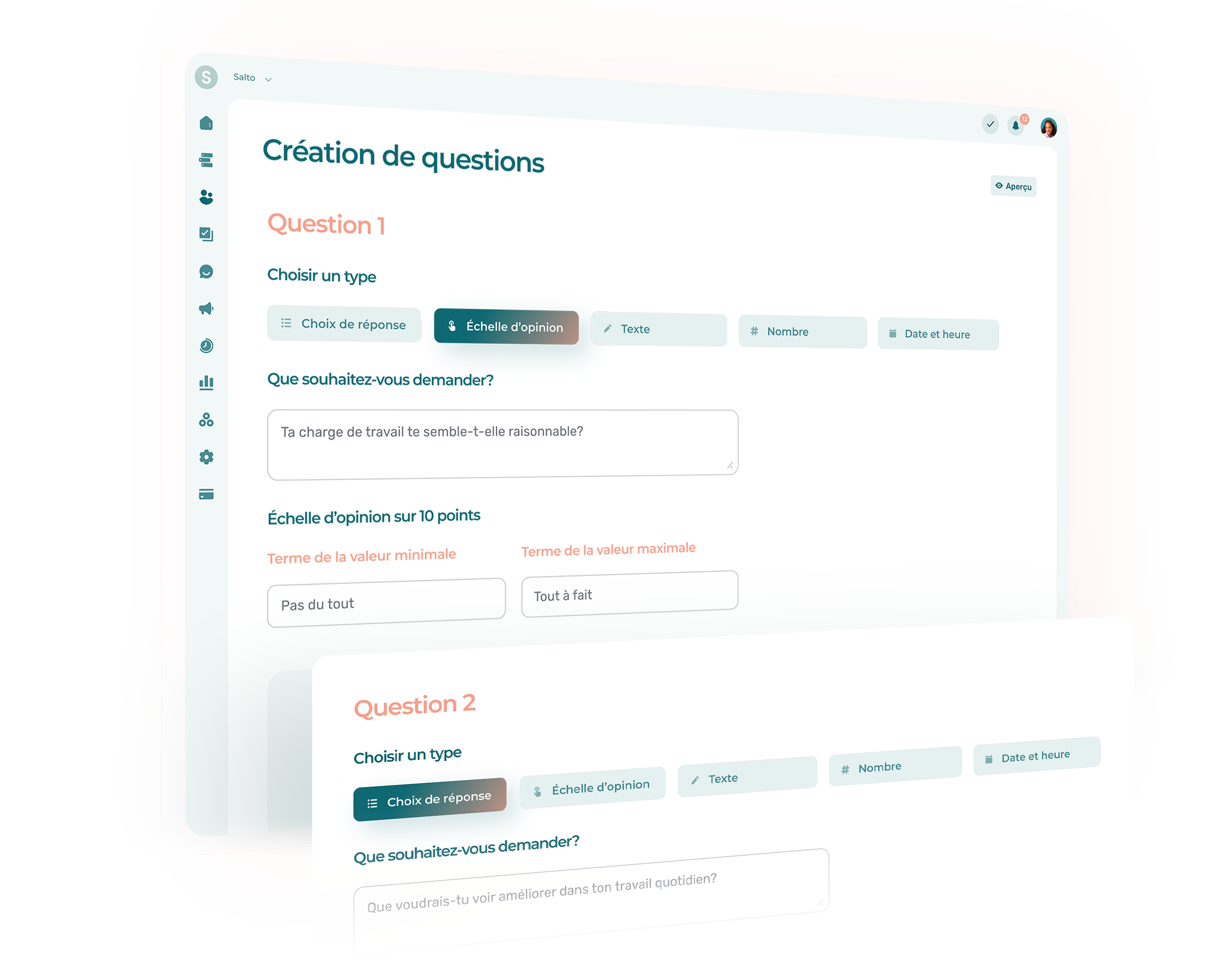 Vue des fonctionnalités de sondages pour employés