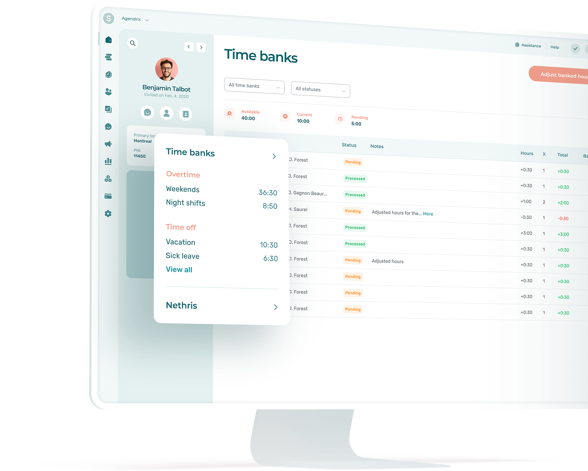 Software interface representing Time banks to track overtime, PTO, and leaves in a business