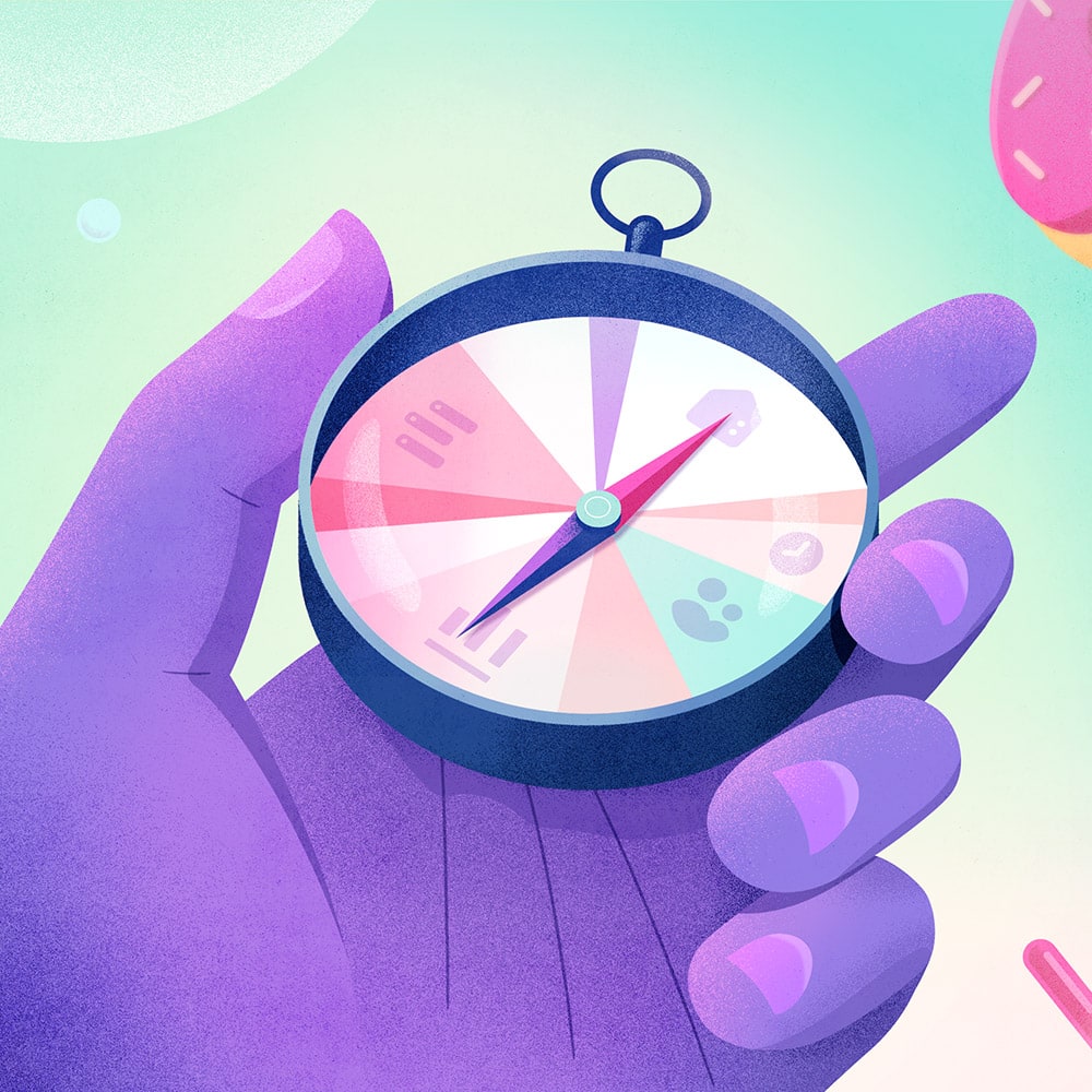 main qui tient une boussole qui pointe vers une maison, un diagramme, une horloge, des humains.