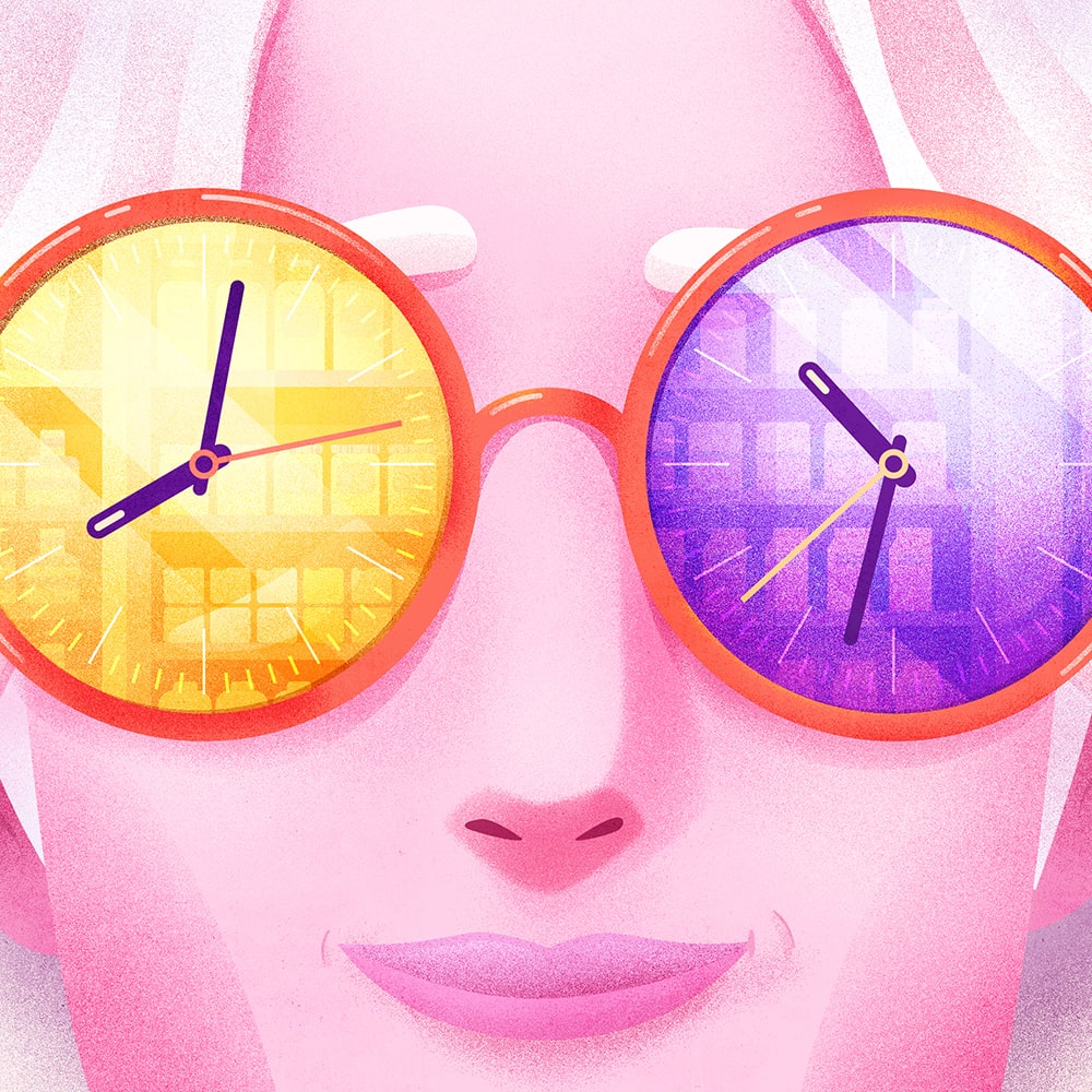 Face of woman wearing sunglasses that are clocks, one lens is day the other is night