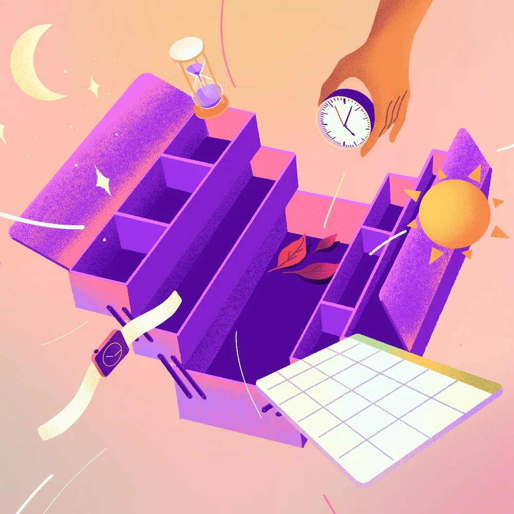 Boîte à outils ouverte d'où s'échappent divers objets, un calendrier, une montre, un planning, un soleil, une lune, avec un une main à côté qui tient une horloge