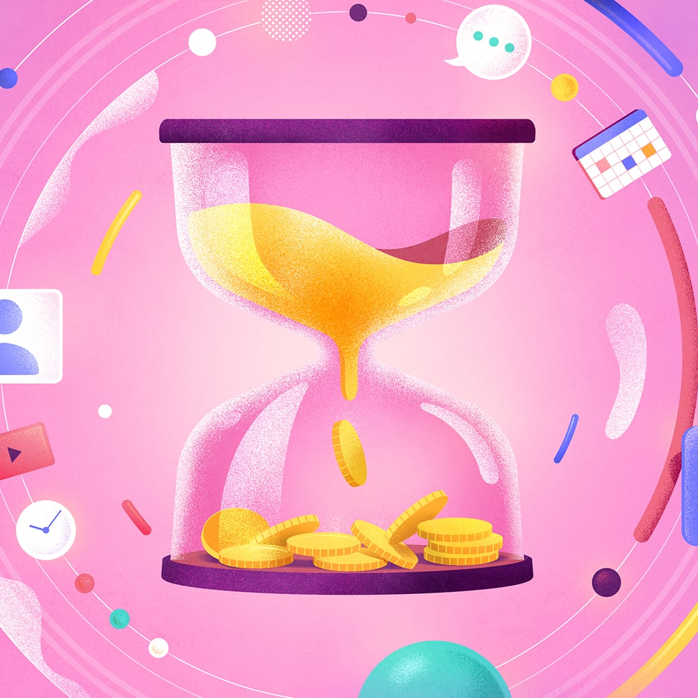 Hourglass filled with sand and money, with several elements revolving around it