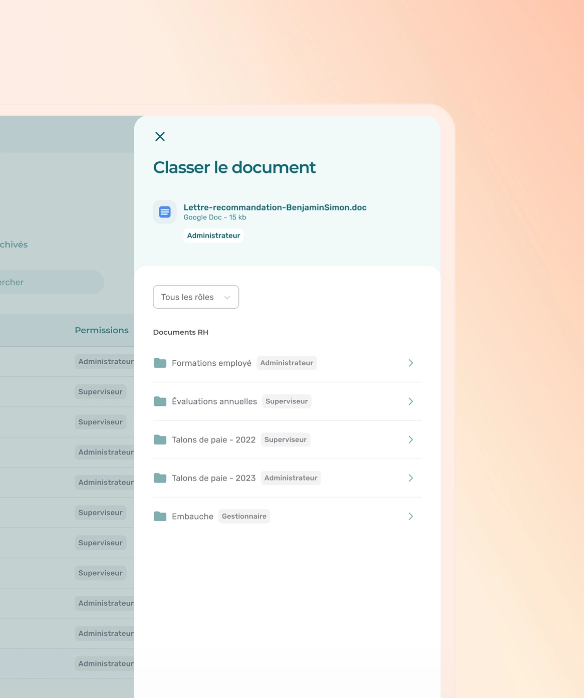 Le tiroir d'une partie de l'interface du module Documents RH