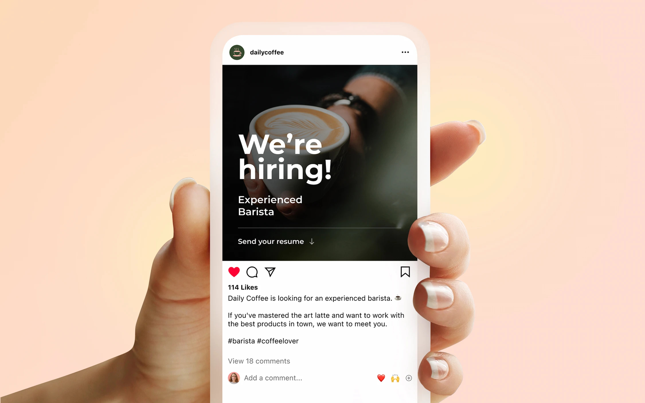 Hand holding a mobile device, on the screen we see an Instagram publication with a cup of coffee