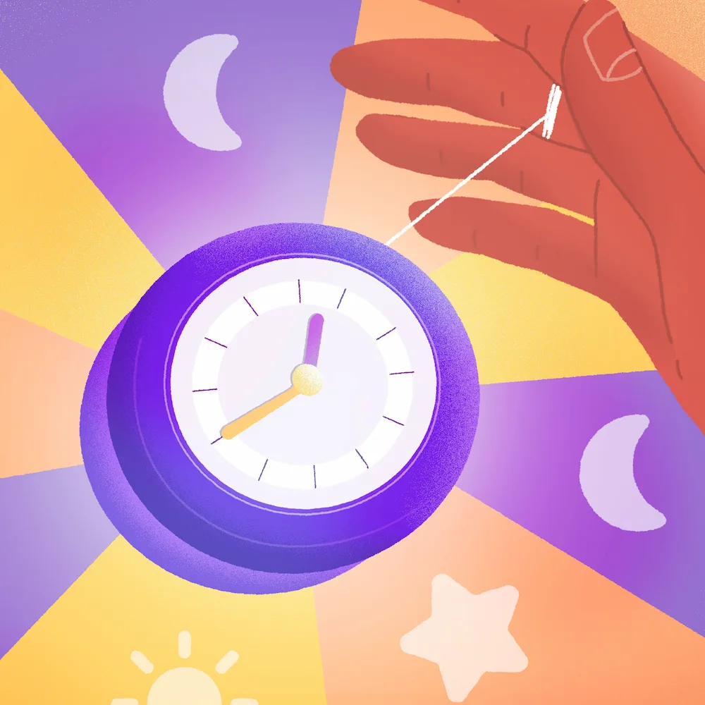 A hand holding a yoyo with a clock on it. In the background are rotating day and night symbols.