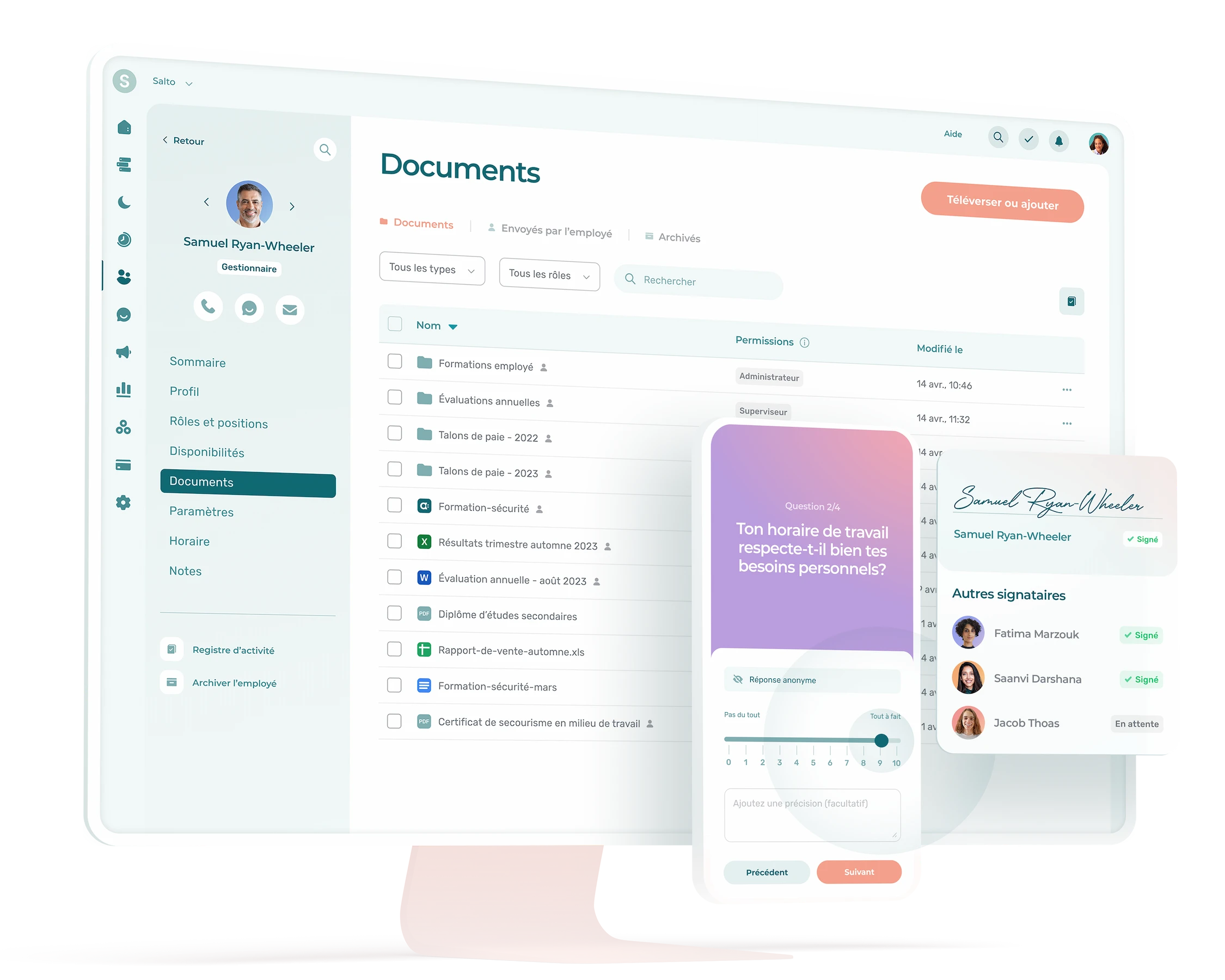 Interface présentant une liste de documents ainsi qu'un téléphone avec un sondage