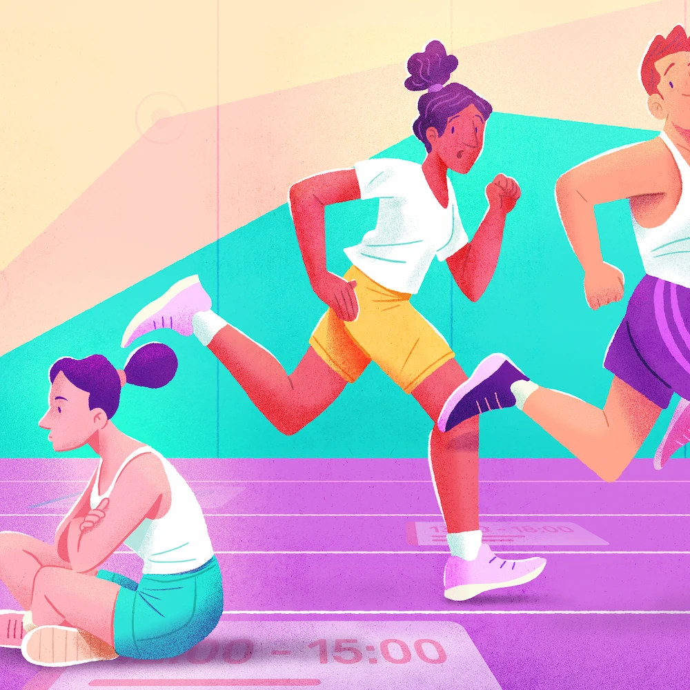 Pendant que plusieurs employés habillés en sport courent vers la droite, une employée difficile est assise sur le sol et regarde vers la gauche.