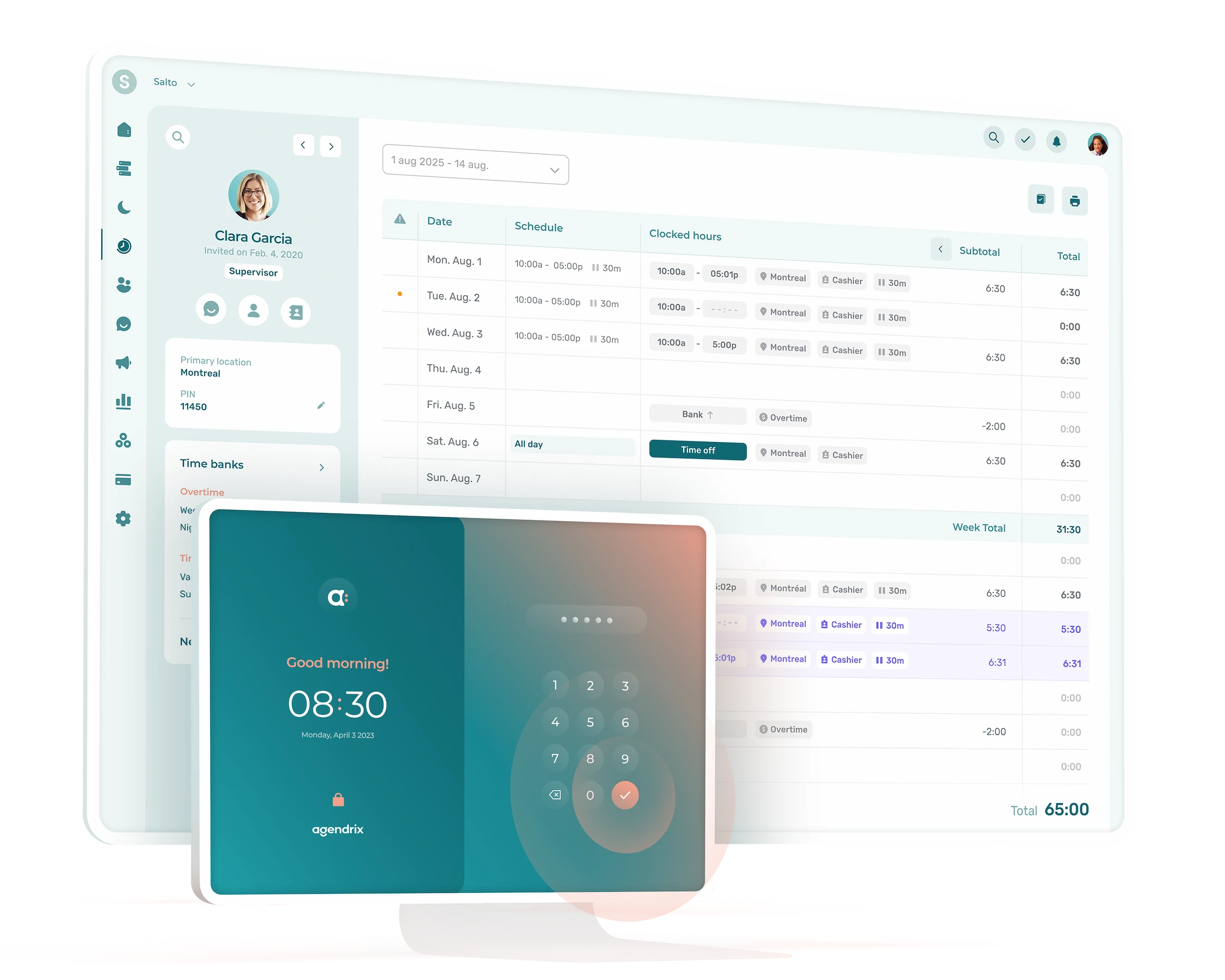 Interface of a timesheet software with a punch clock tablet