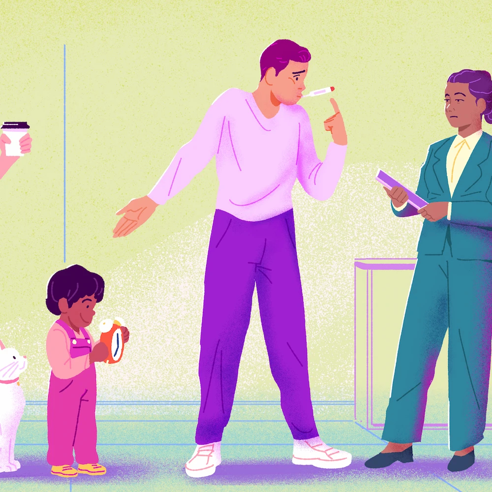 Several employees arriving late and giving their manager various excuses.