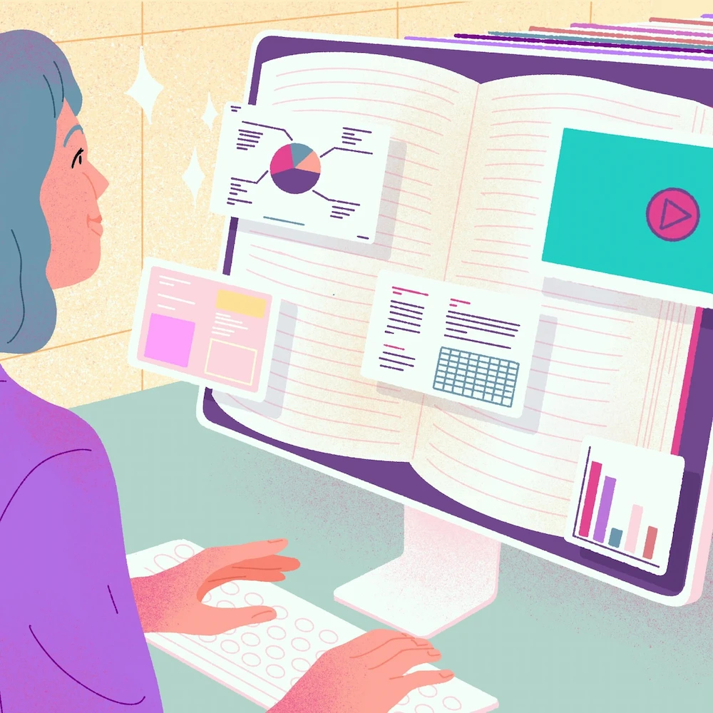 Une gestionnaire, assise devant son ordinateur, consulte un système de gestion de l'apprentissage. Des icônes apparaissent à l'écran.