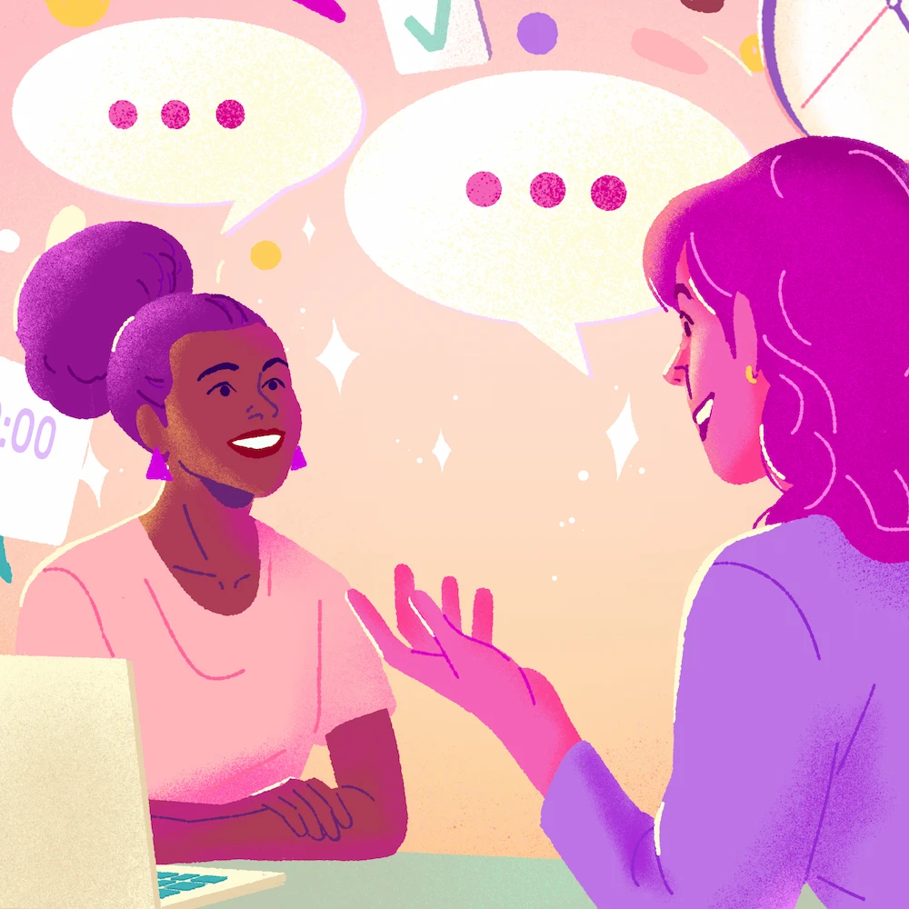 A manager and her employees are conducting a face-to-face stay interview at a desk. A cloud of icons (text bubbles, smiley faces, shift symbols) surrounds them.