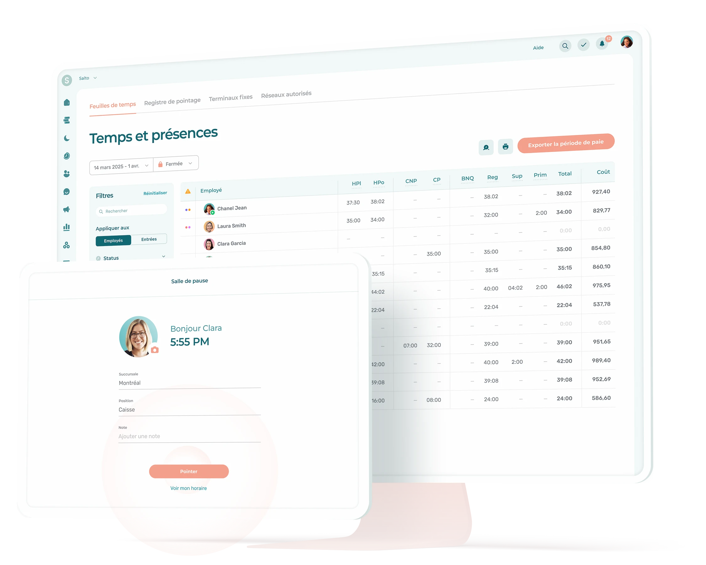 Interface du logiciel de temps de travail et présences d'Agendrix