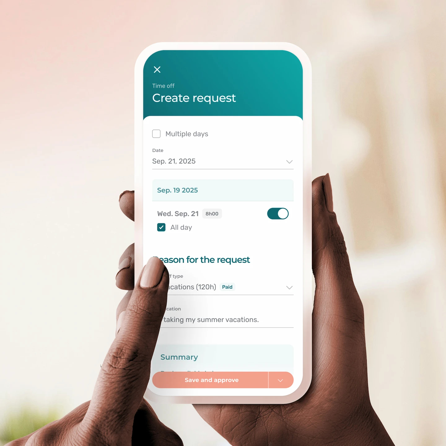 Mobile view of the Agendrix “time-off request” feature