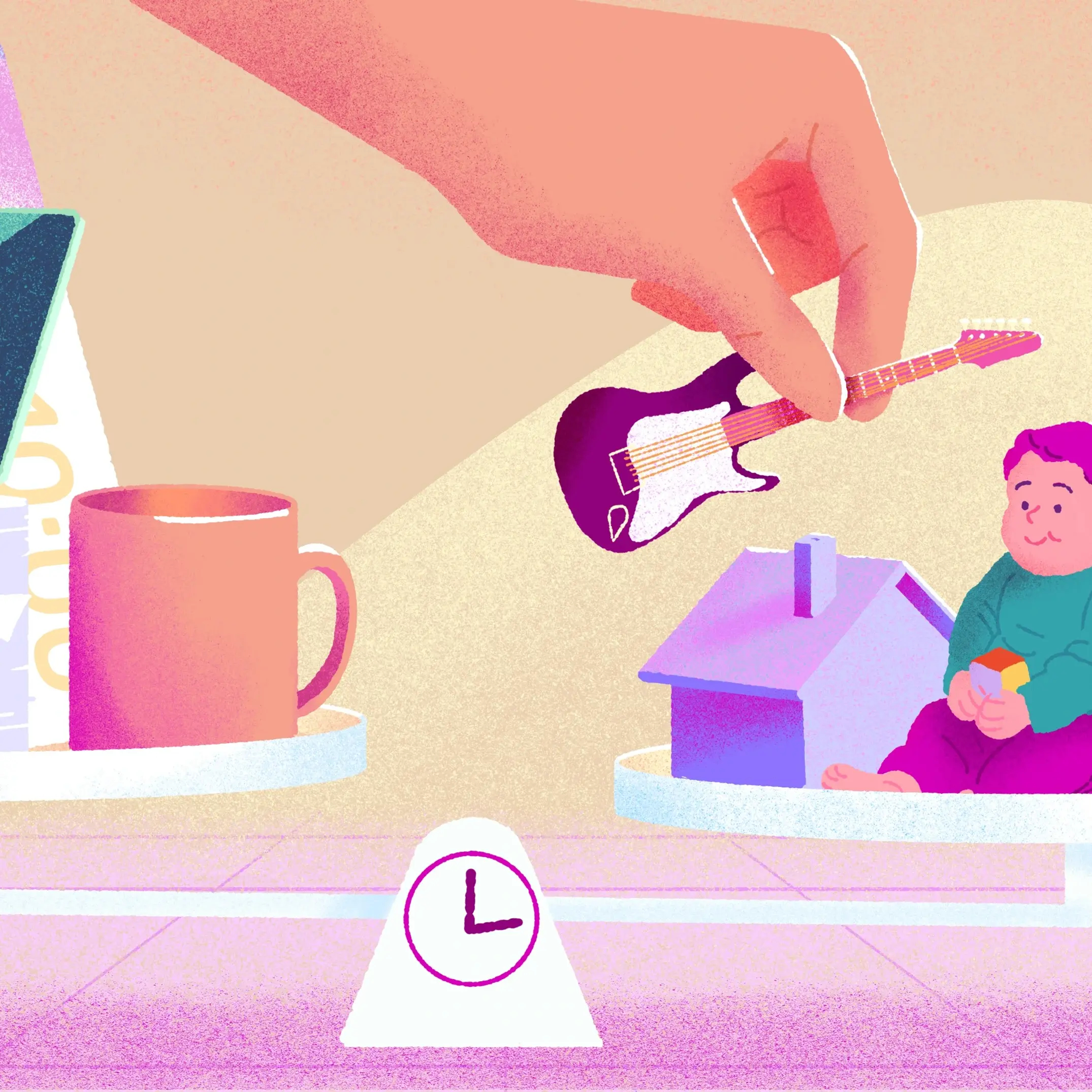 Représentation du principe d’horaire flexible : une balance avec, à gauche, des éléments liés au travail, et à droite, des éléments liés à la vie personnelle.