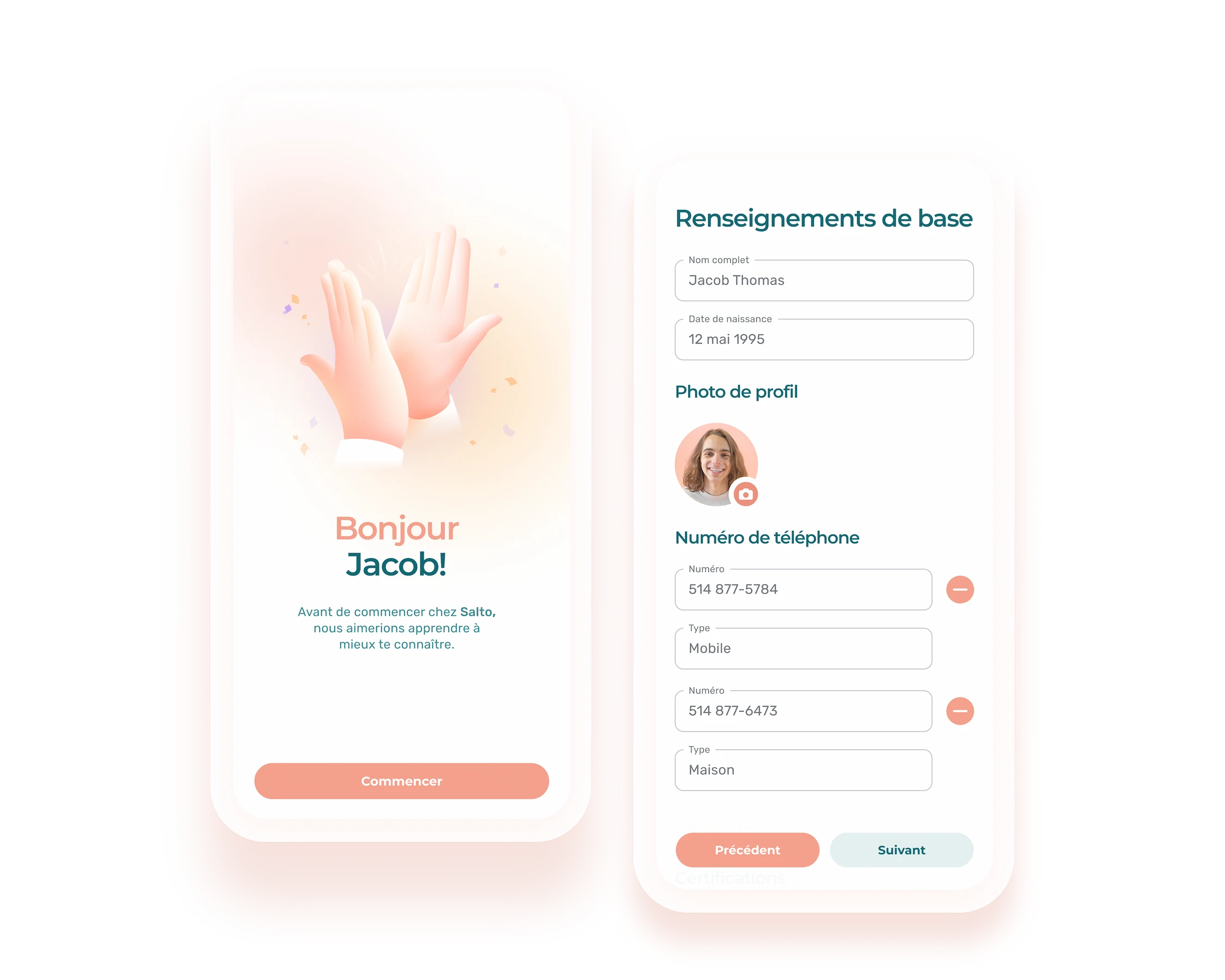 Visuels de la fonctionnalité Accueil et intégration d'employés sur l'app mobile.