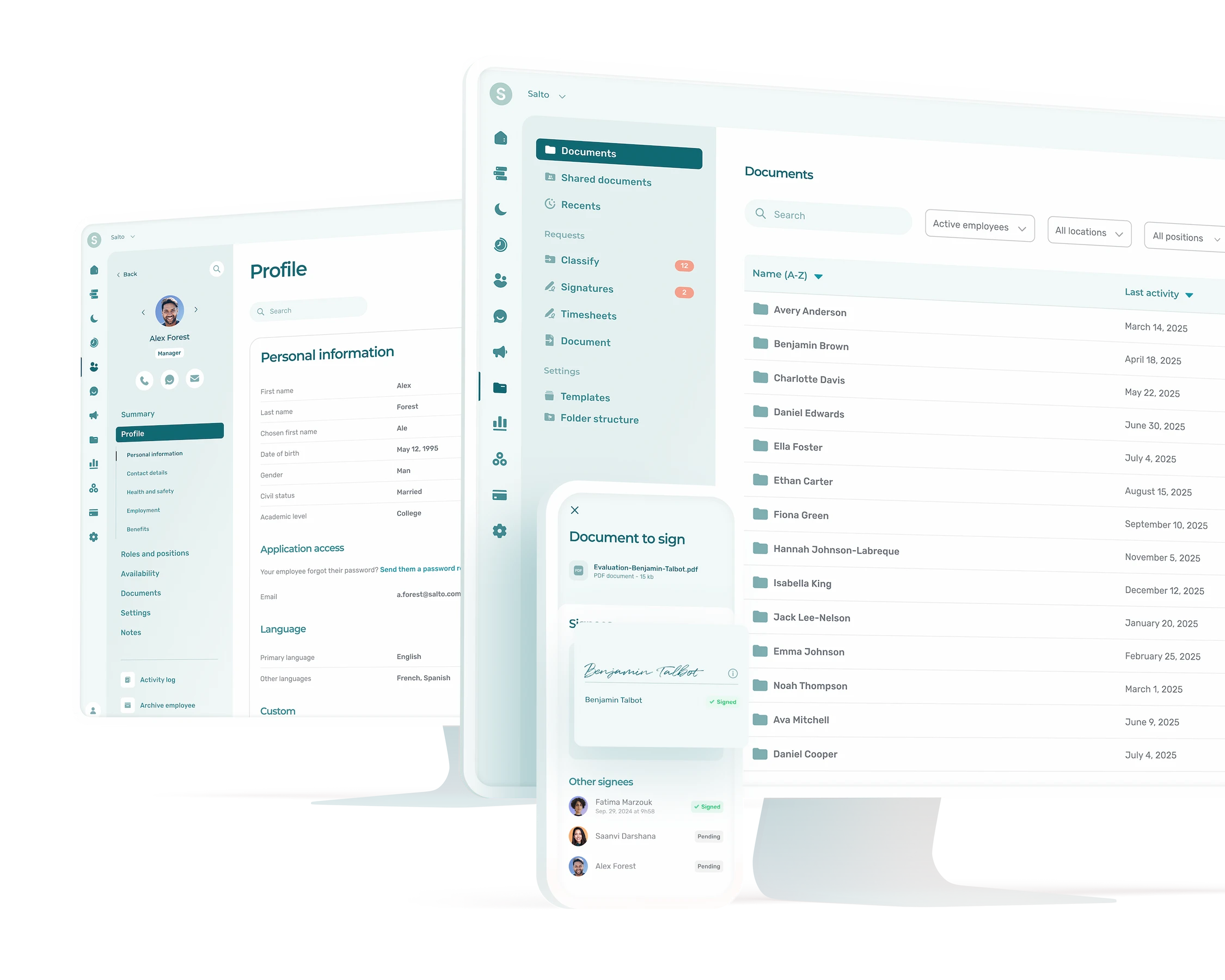 Visuals taken from Agendrix HRIS: e-signature, document storage, and employee HR records.