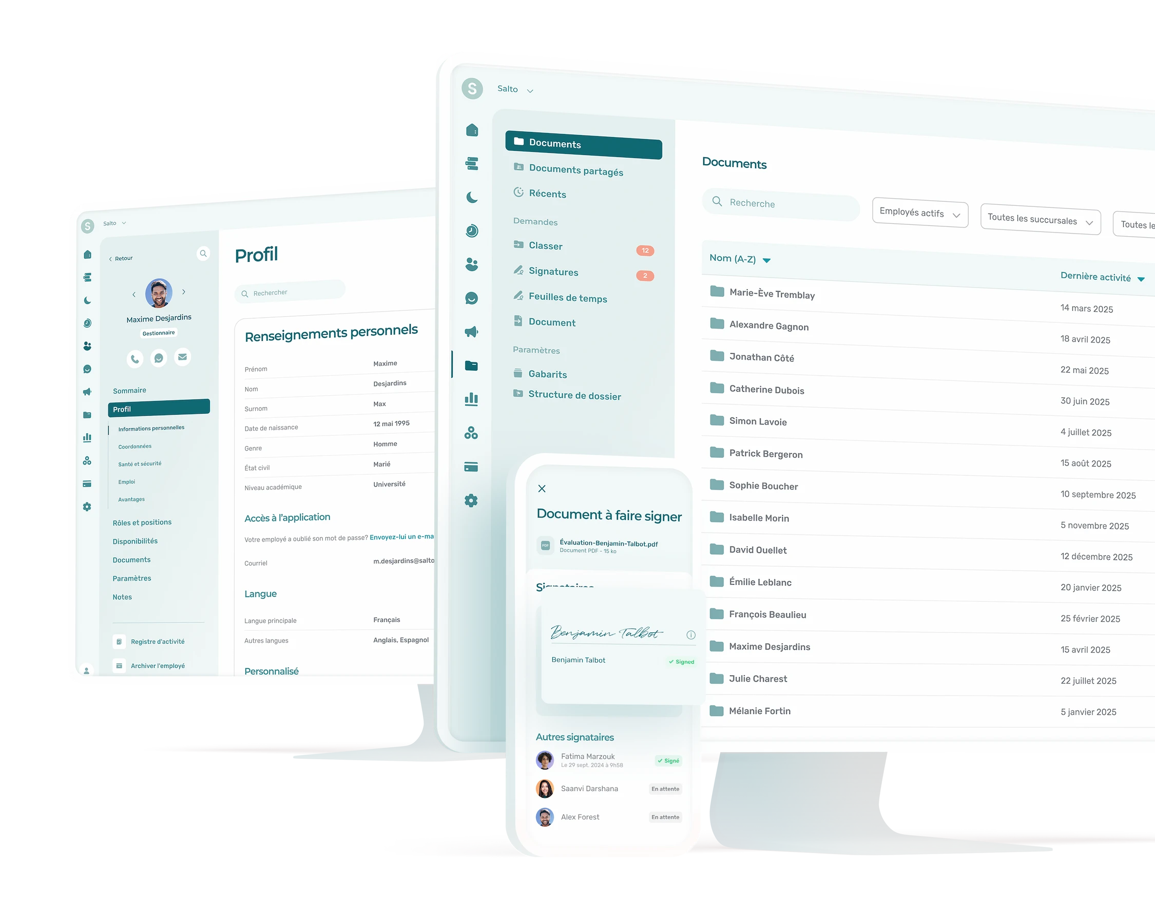 Visuels tirés du SIRH Agendrix : signature électronique, gestion des documents et dossiers d'employés.