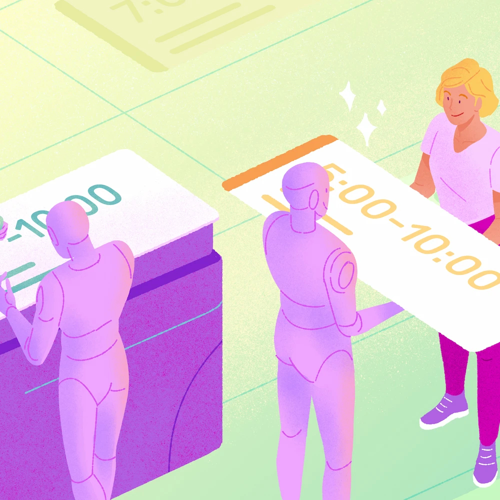 Robots helping a manager with AI employee scheduling