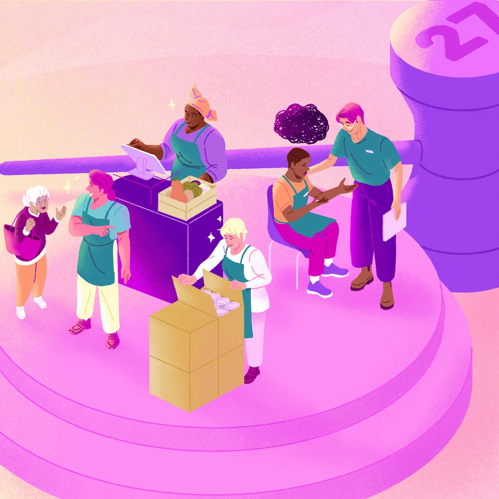 4 retail workers on a giant gavel base with a giant gavel next to them