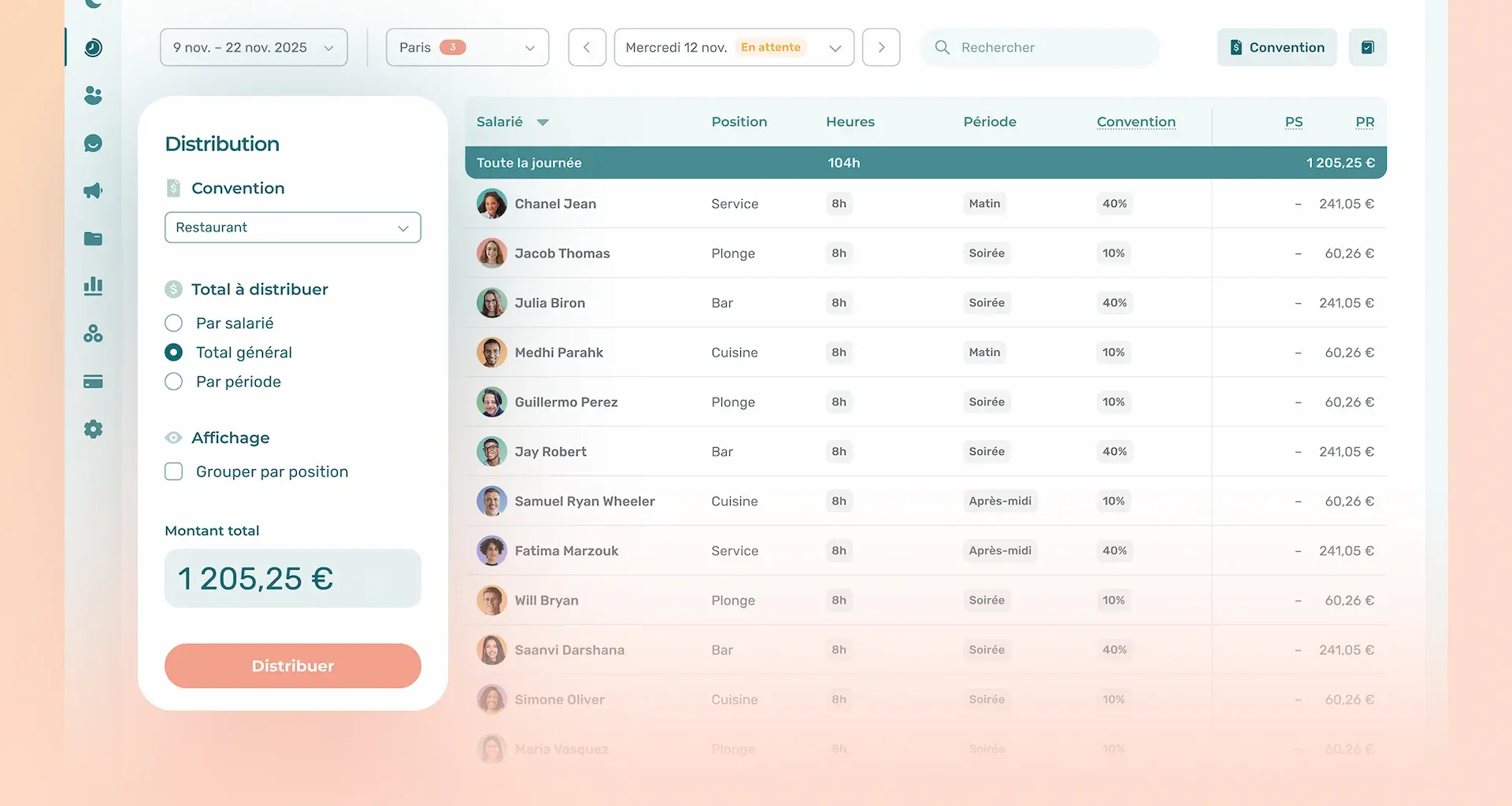 Aperçu de la gestion de pourboires dans l'application Agendrix.