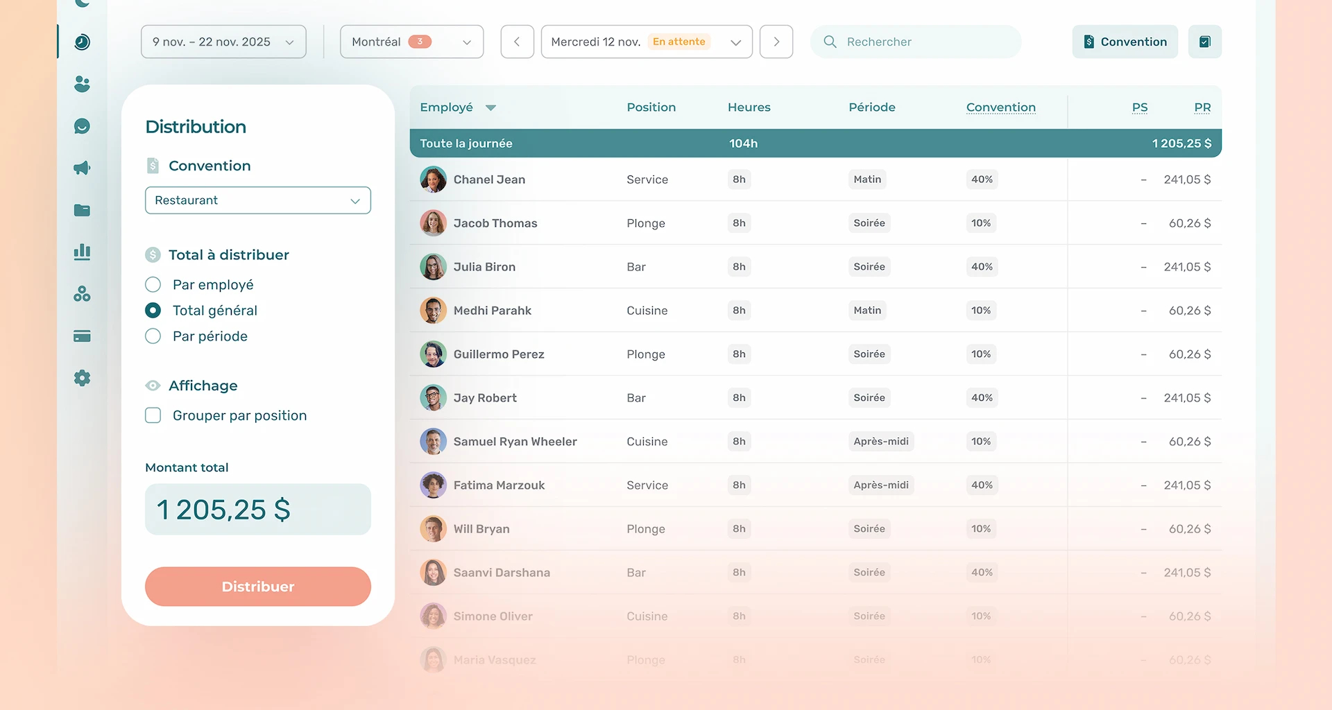 Aperçu de la gestion de pourboires dans l'application Agendrix.