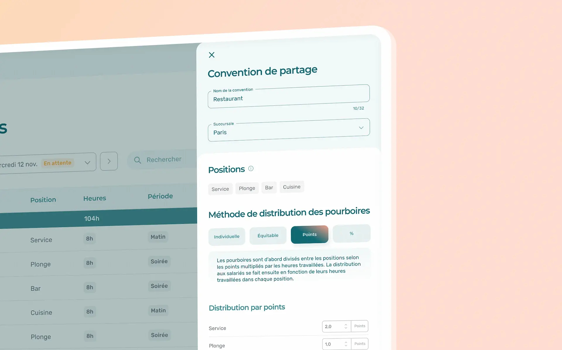 Aperçu de la gestion de pourboires dans l'application Agendrix.