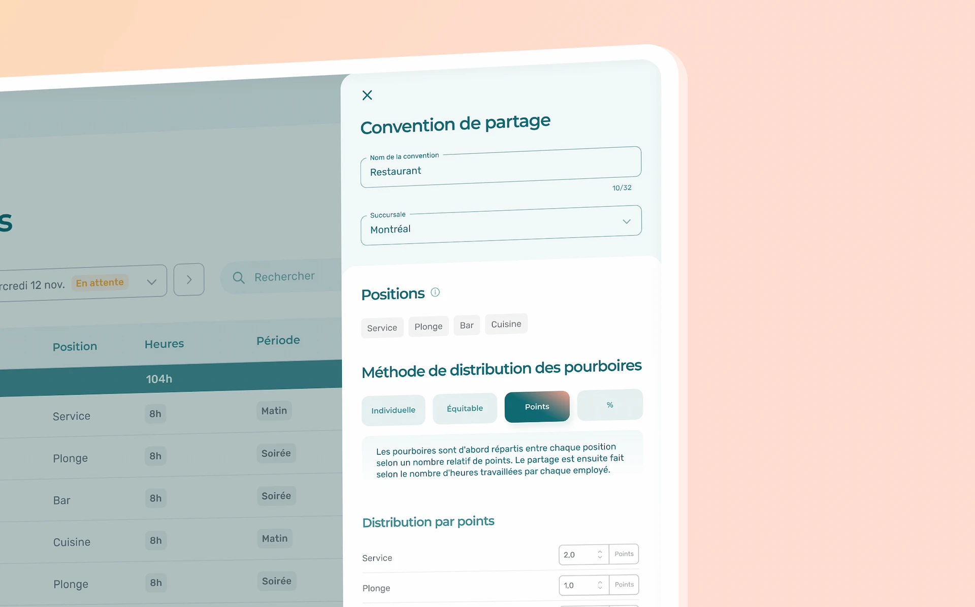 Aperçu de la gestion de pourboires dans l'application Agendrix.