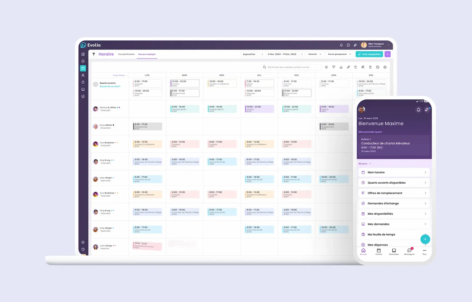Interface web et mobile de l'application Evolia