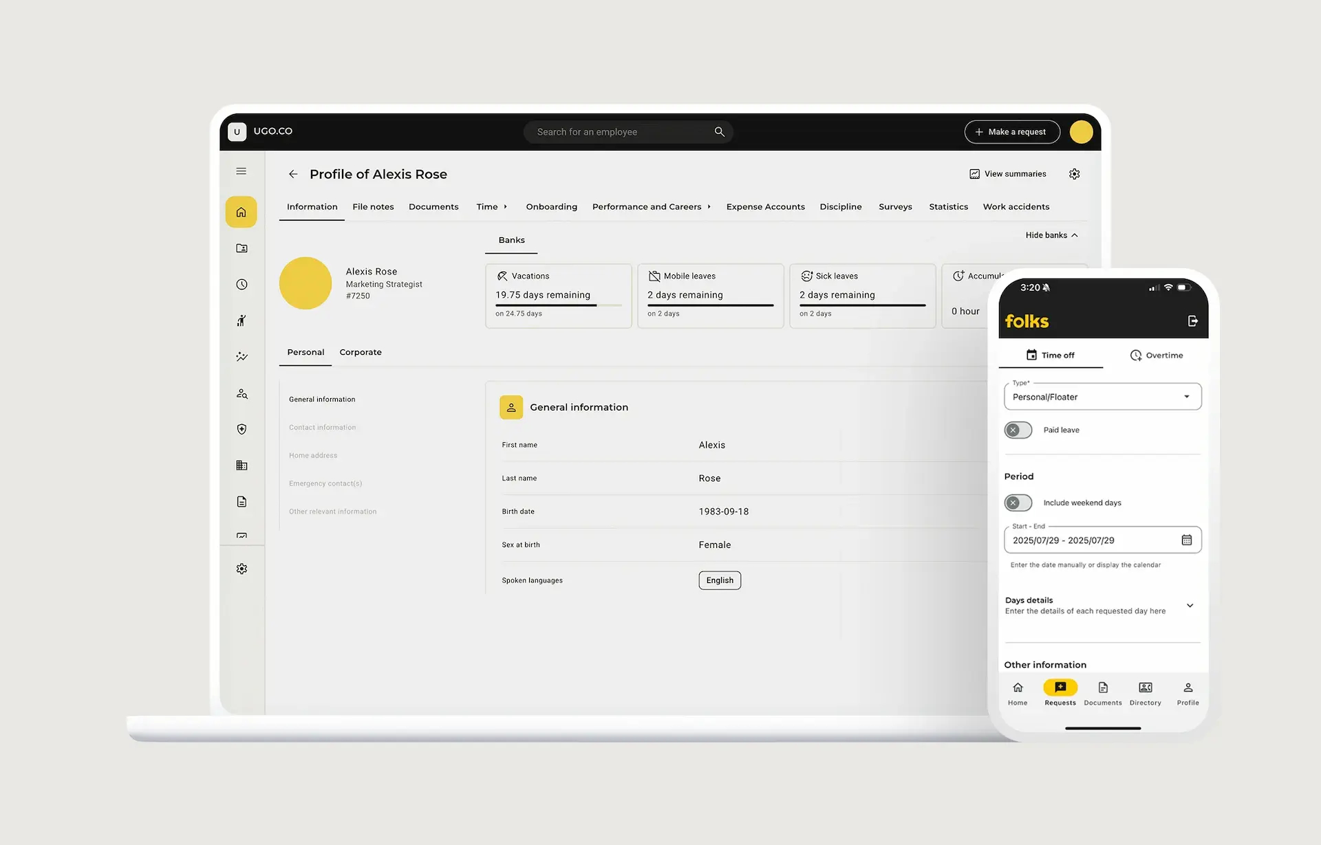 Interface of Folks HR app in web and mobile views.
