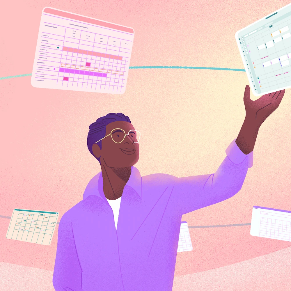 Illustration of a person using a shift scheduling app to organize and visualize multiple work schedules.