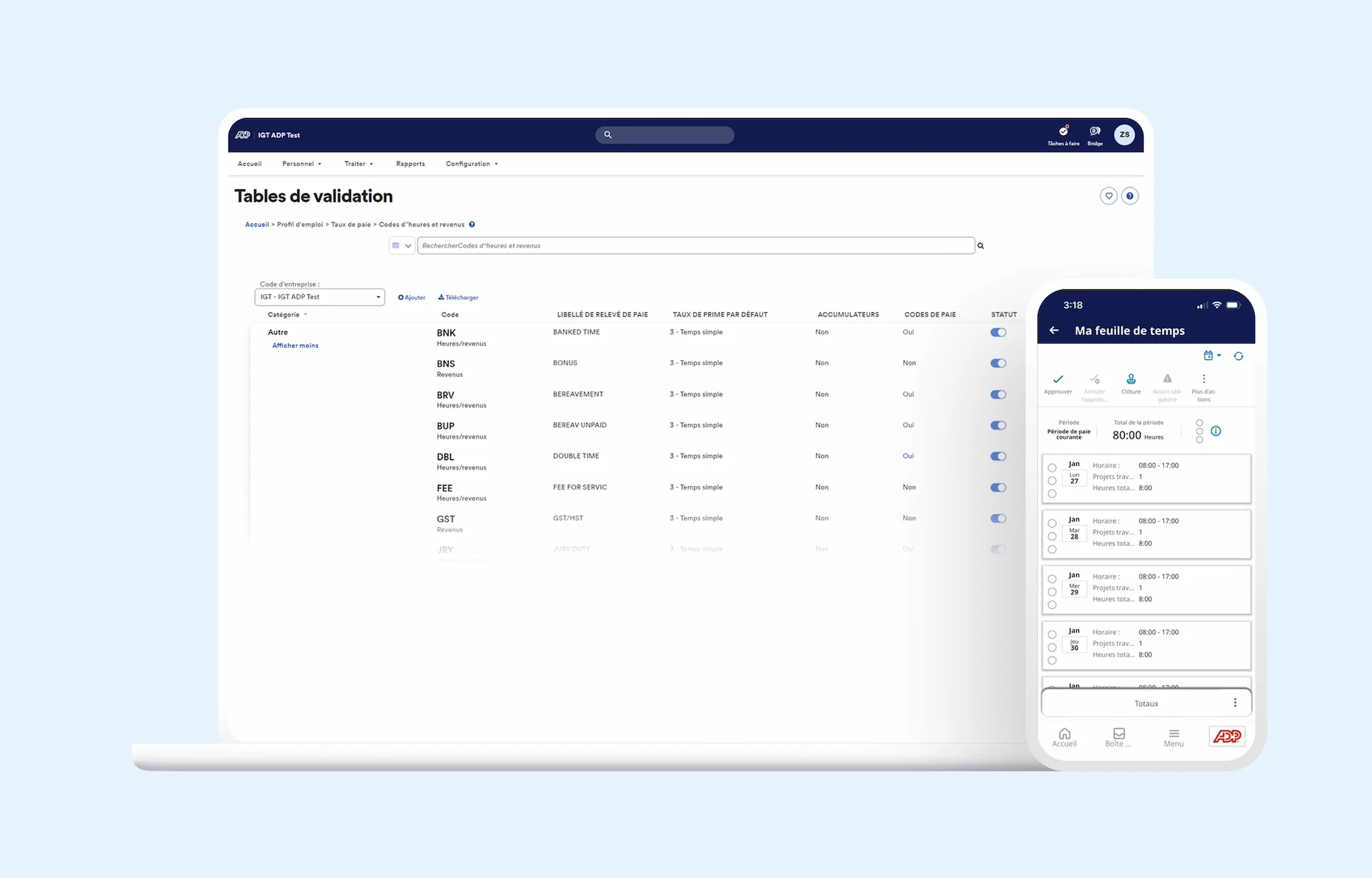 Interface web et mobile de l'application ADP