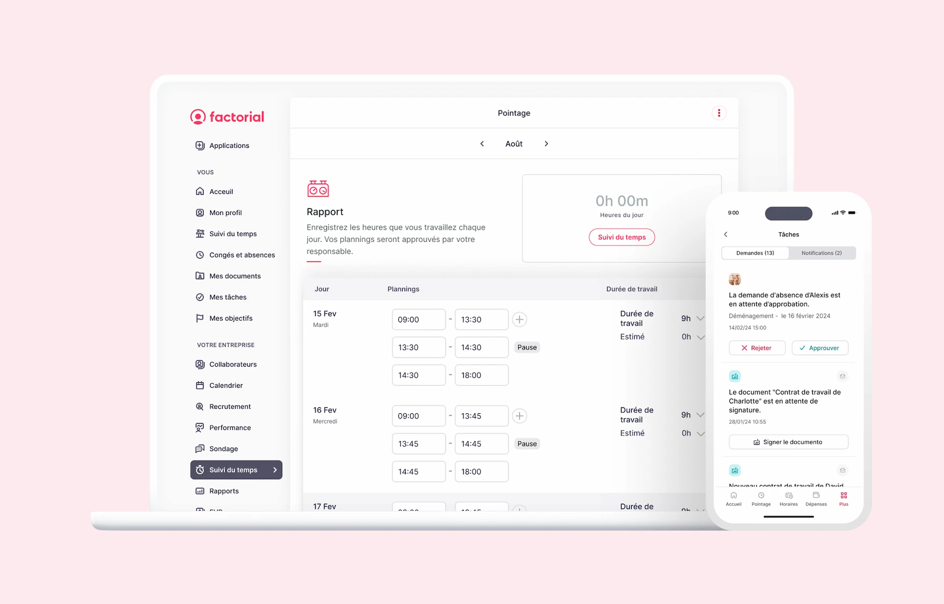 Interface web et mobile de l'application Factorial