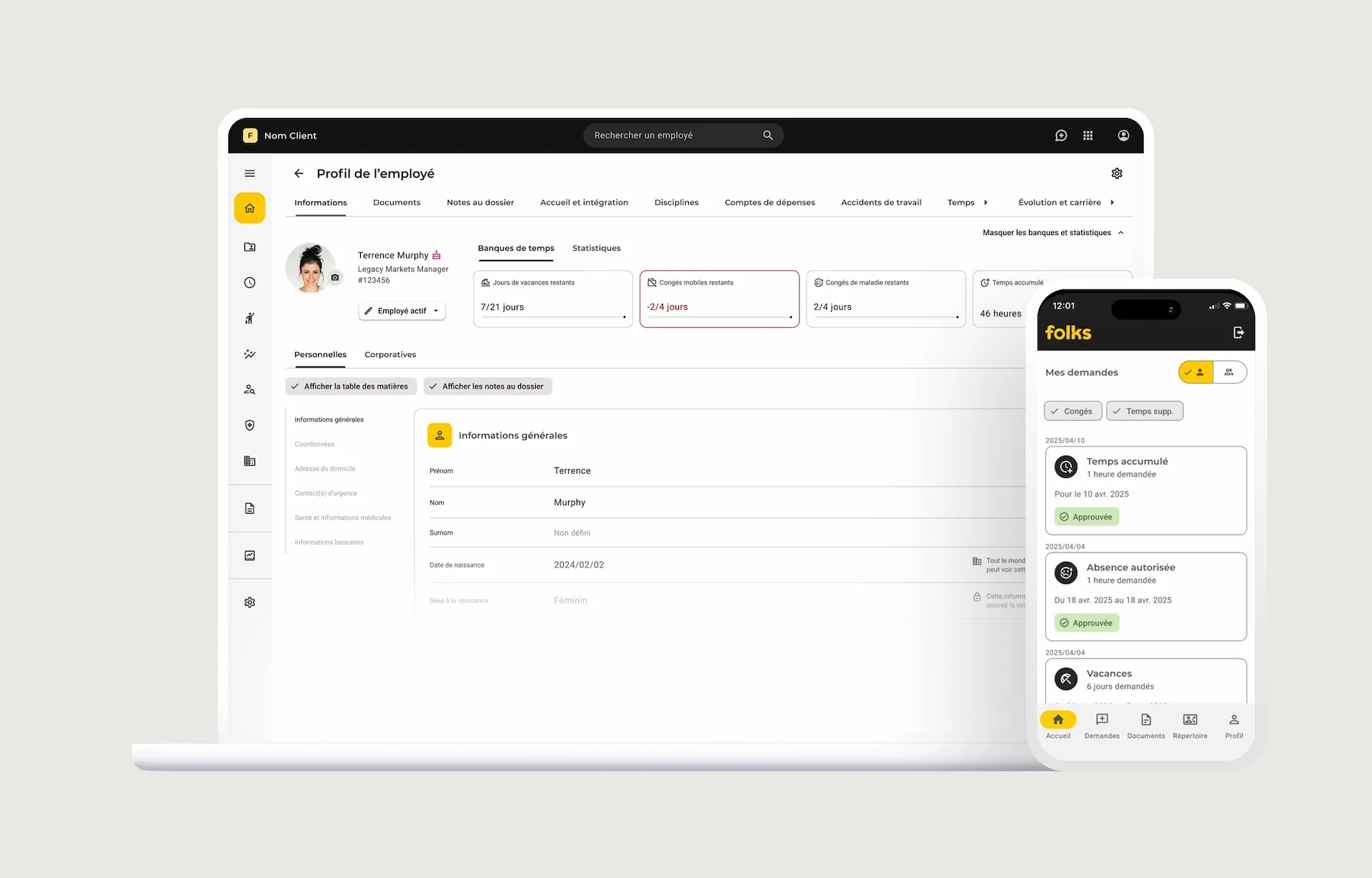Interface web et mobile de l'application Folks RH