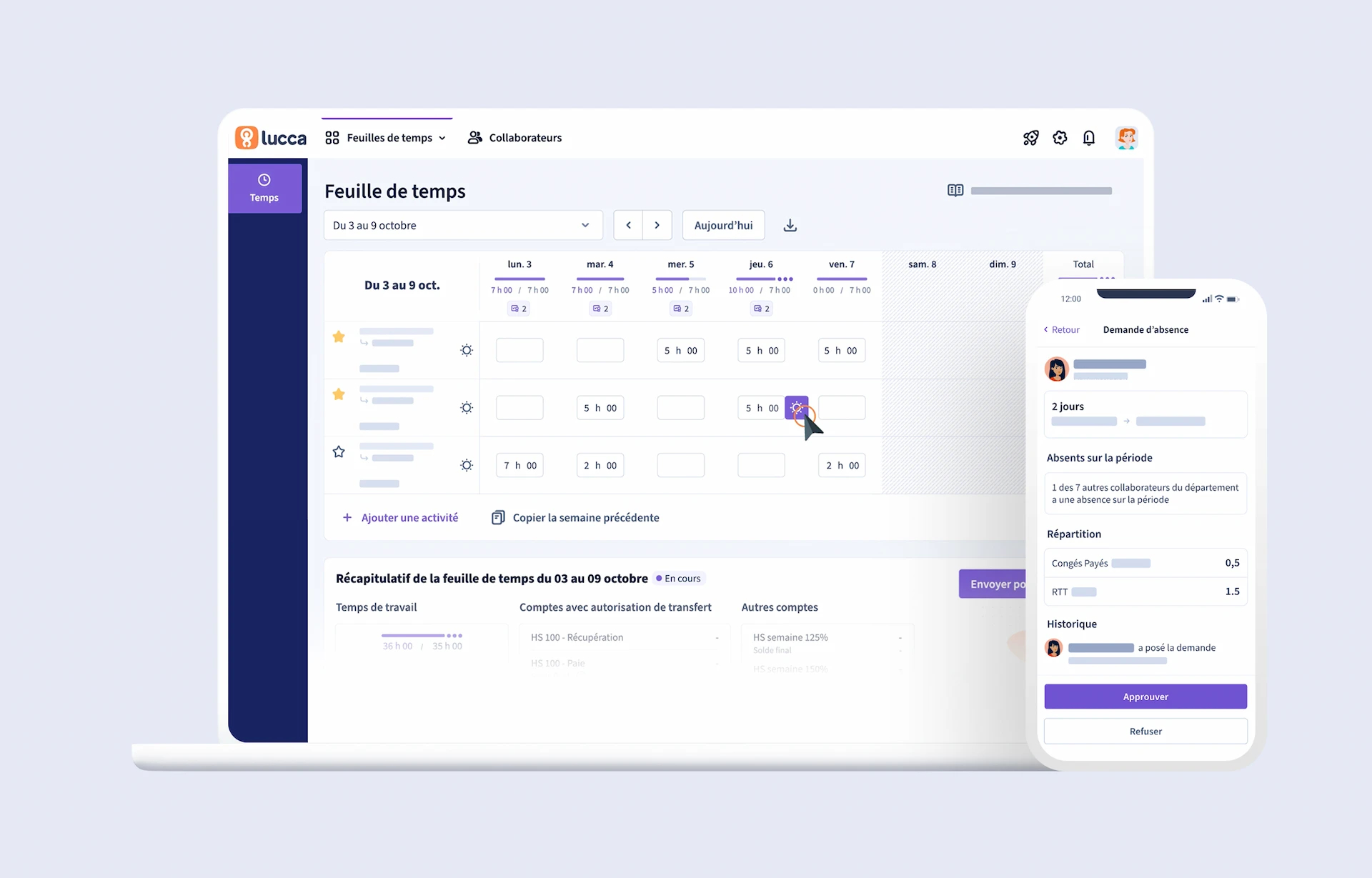 Interface web et mobile de l'application Lucca