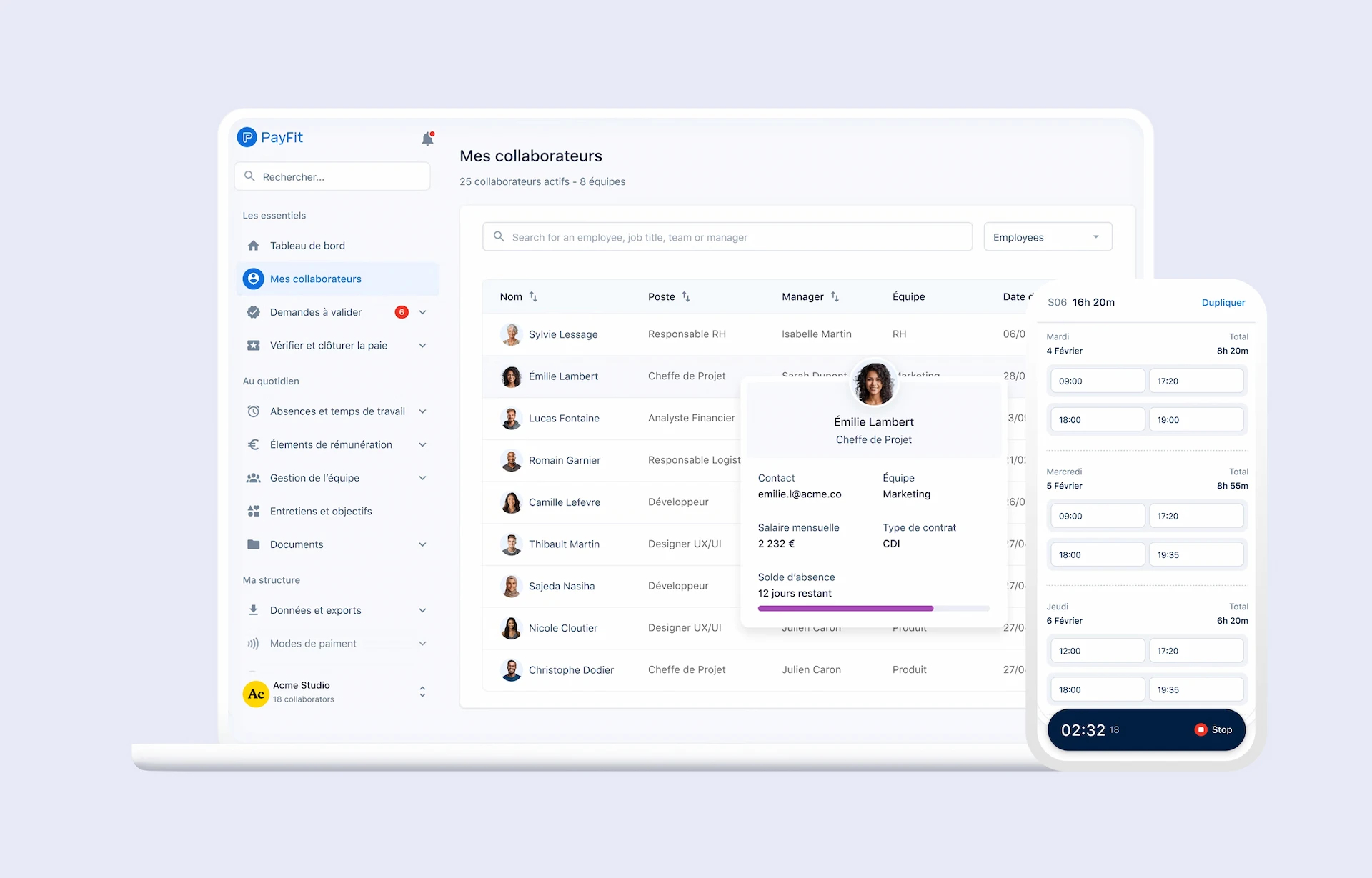 Interface web et mobile du SIRH PayFit
