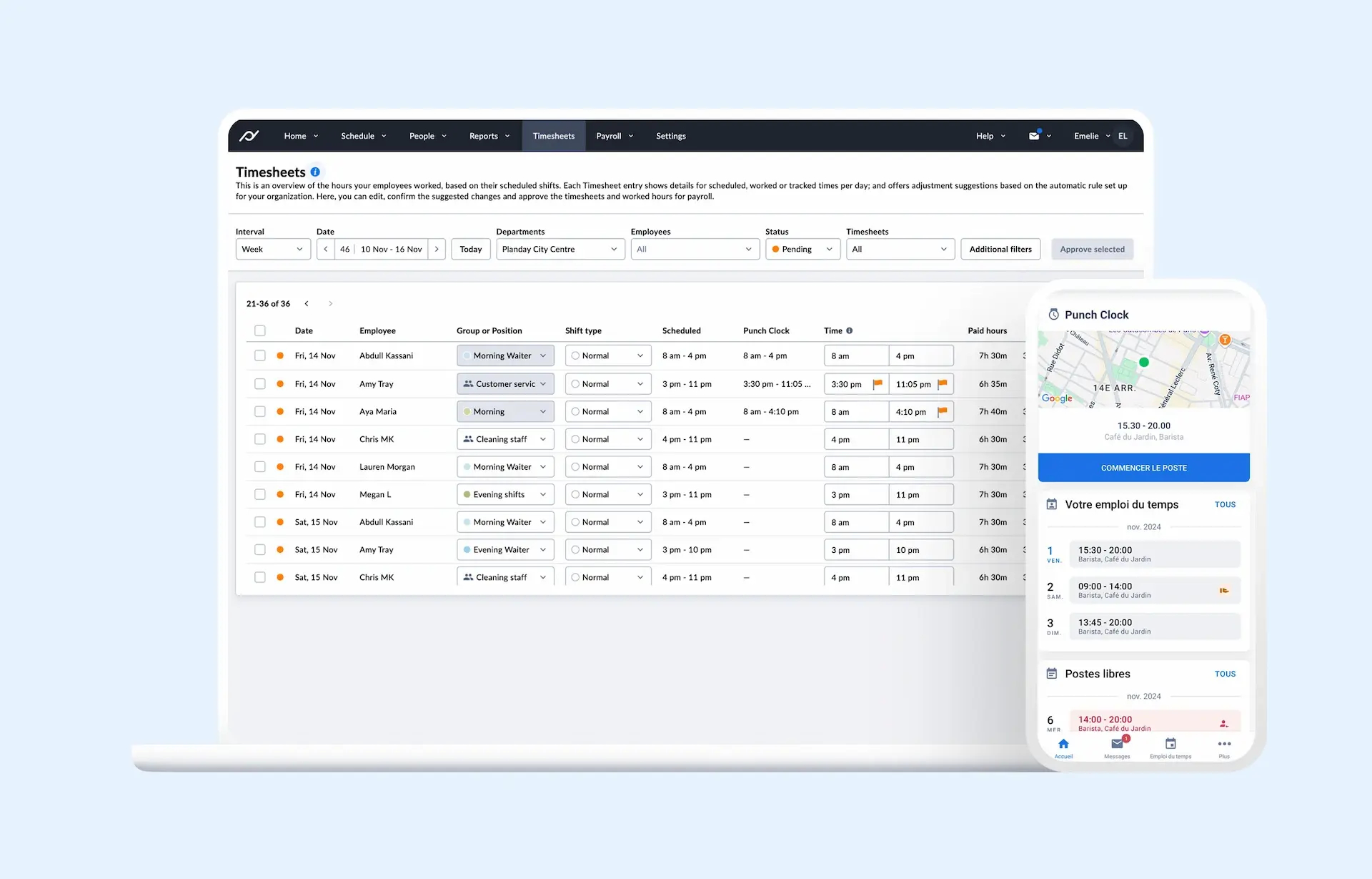 Interface web et mobile de l'application Planday
