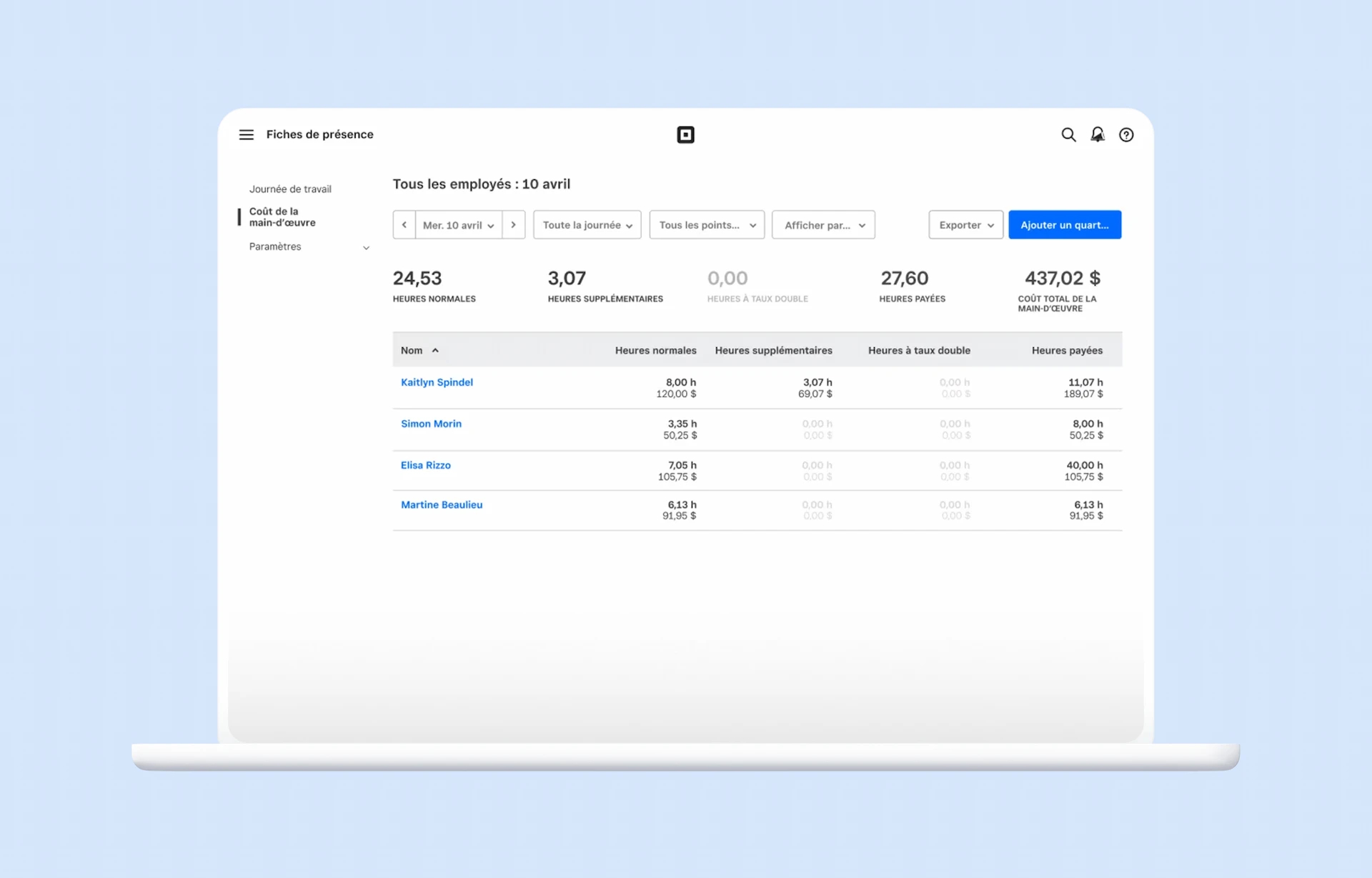 Interface web et mobile de l'application Square - Quarts de travail