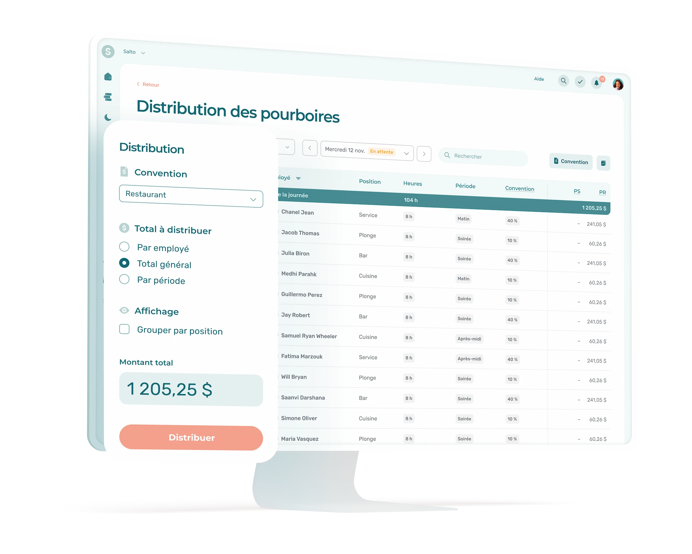 Distribution des pourboires dans le logiciel Agendrix