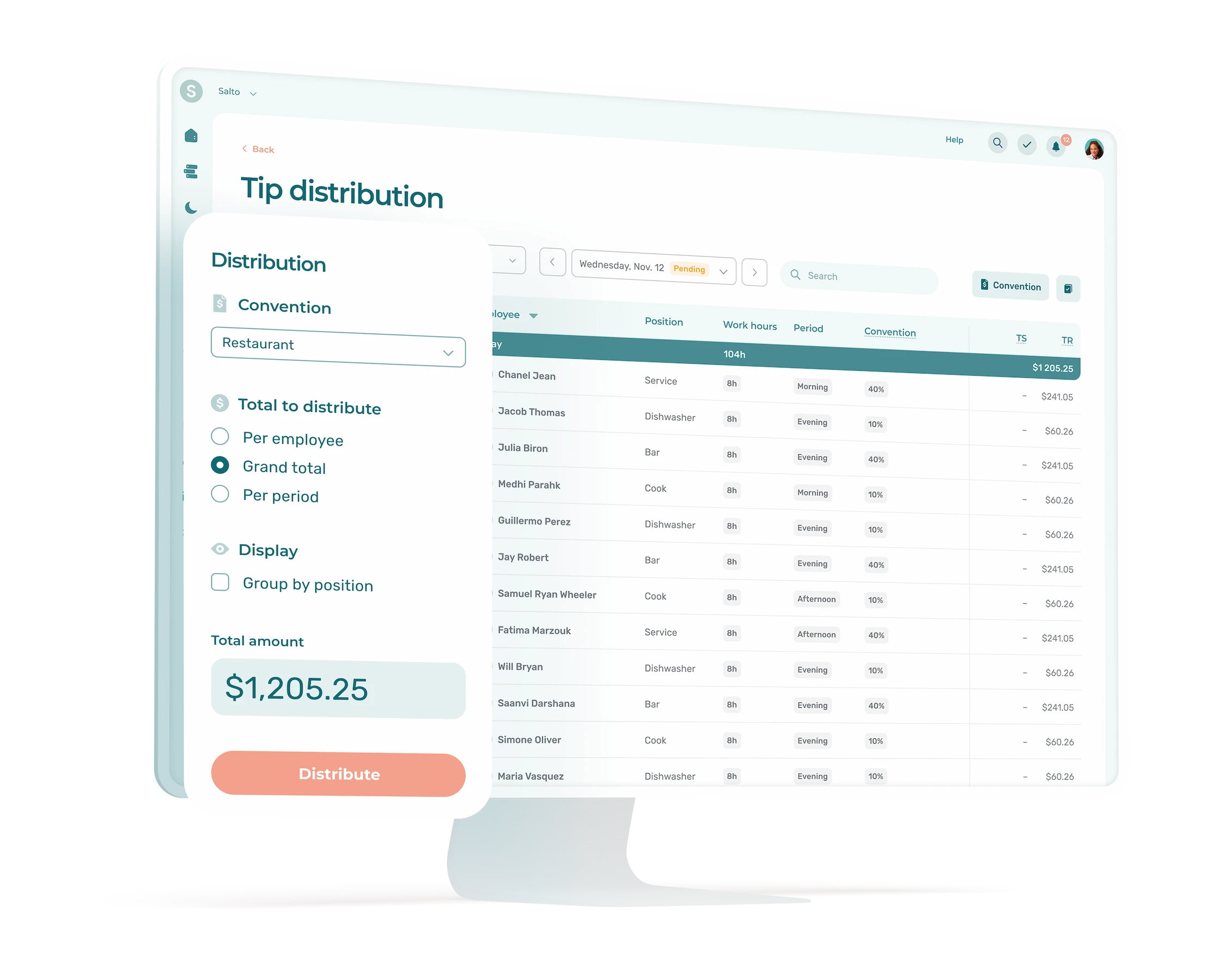 Web interface of tip pooling in Agendrix