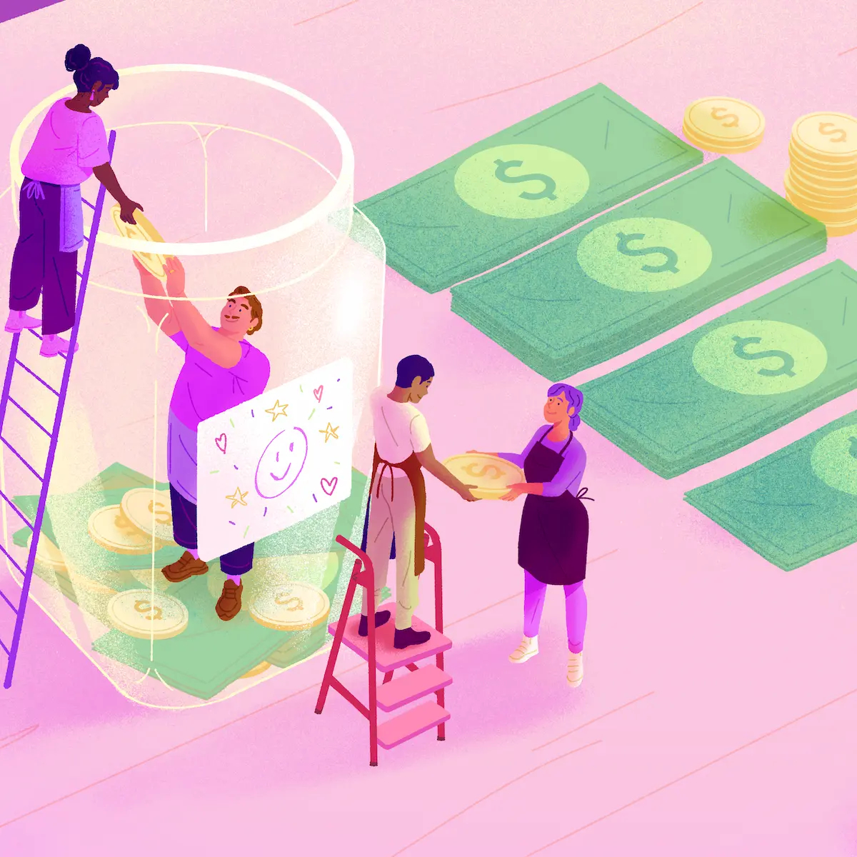 Illustration of restaurant employees distributing tips in a giant jar, representing tip pooling laws in practice.