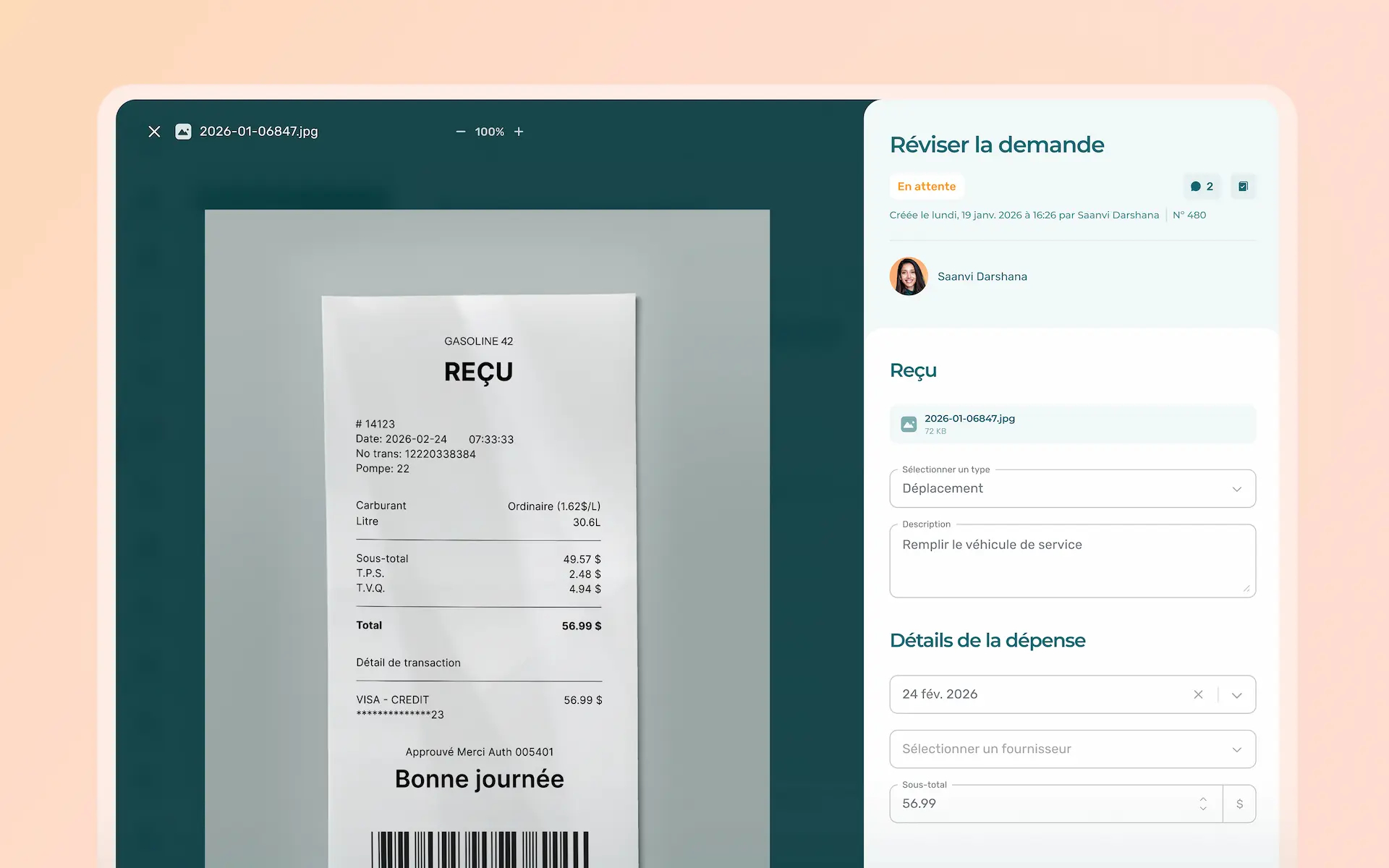 Facture scannée avec le module de gestion des dépenses d'Agendrix
