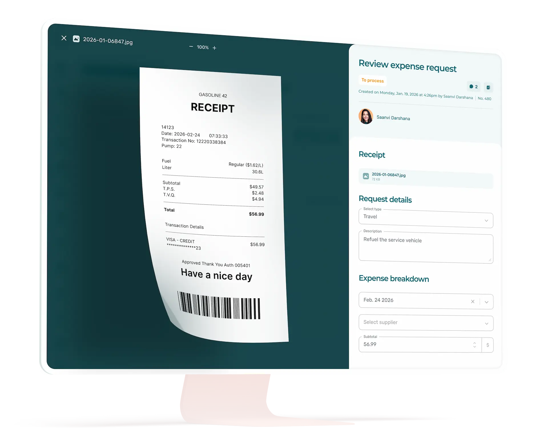 Expense management interface with attached receipt