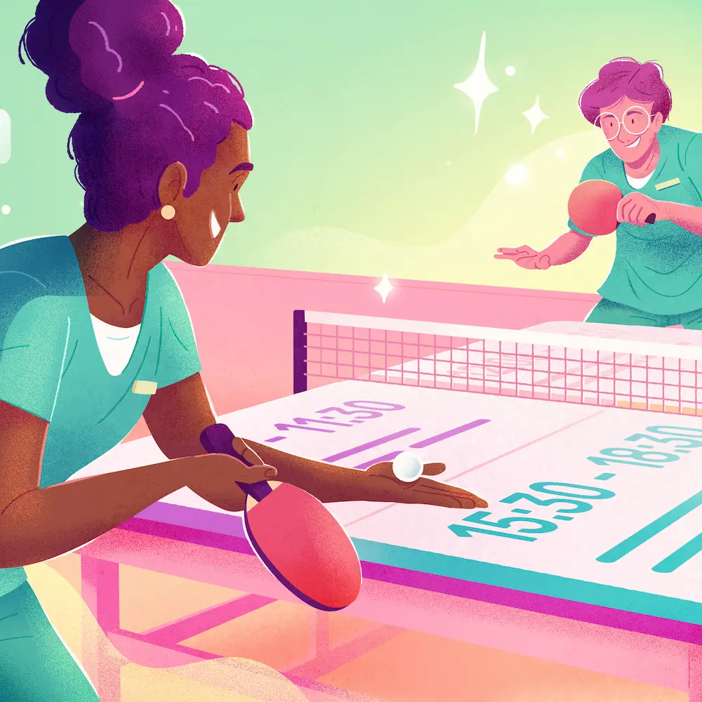 Illustration de deux collègues jouant au ping-pong pendant une pause, symbolisant l'amitié au travail.
