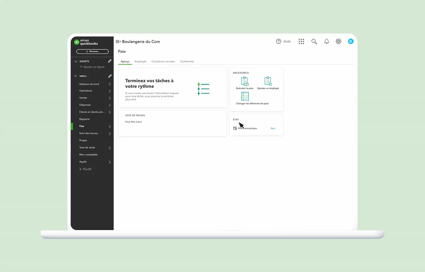 Interface du logiciel de paie QuickBooks Payroll.