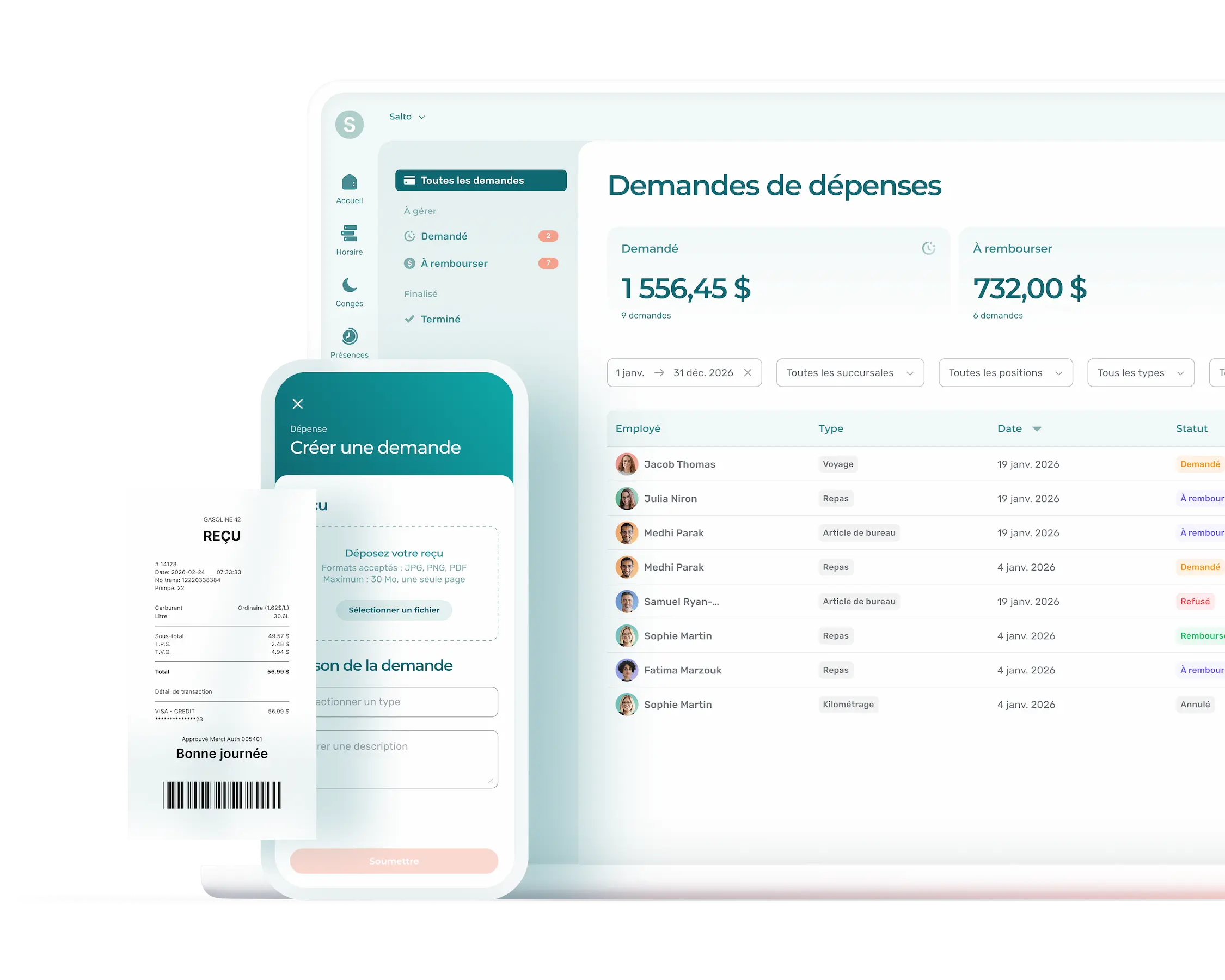 Interface web et mobile du module de gestion des dépenses Agendrix