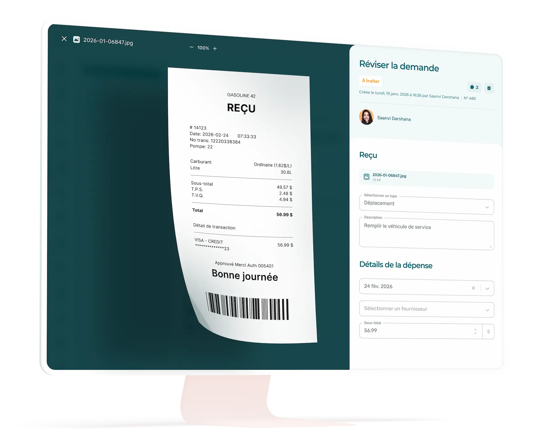 Interface du module de gestion des dépenses d'Agendrix avec facture