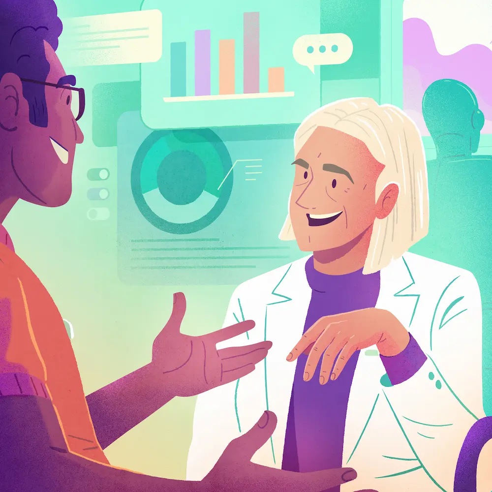 Two managers discussing soft skills and AI, with dashboards and data charts displayed in the background.