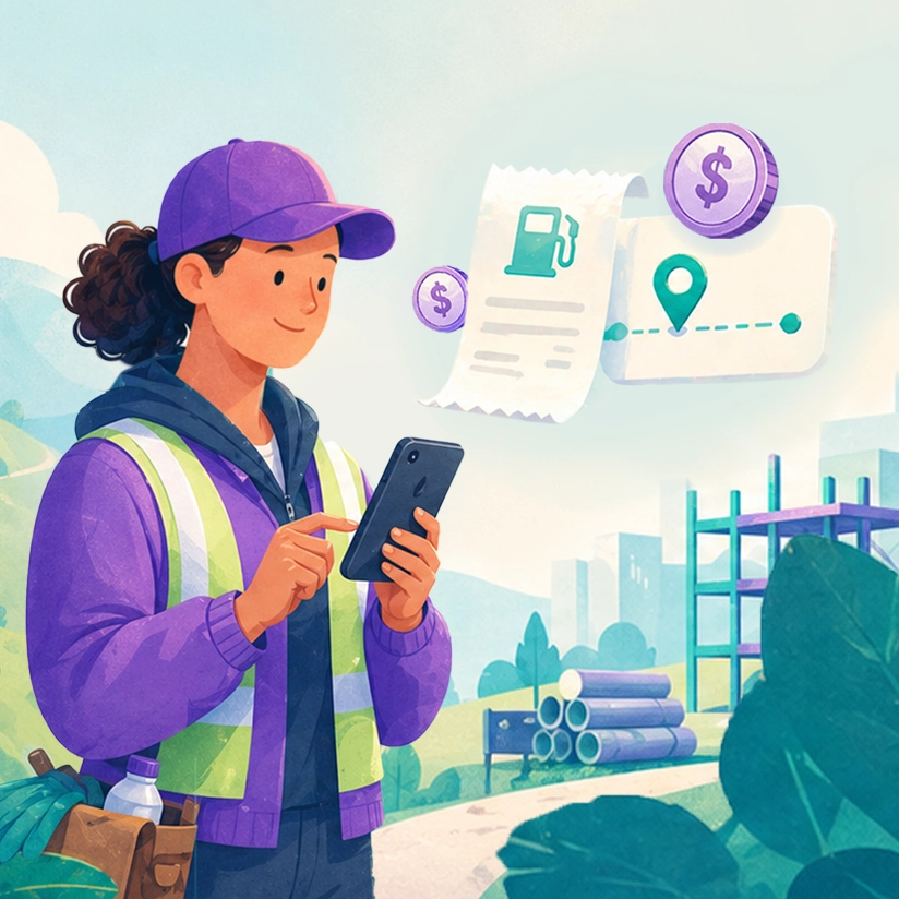 Illustration of a field worker submitting expenses on his phone with fuel and mileage receipts using expense management software.