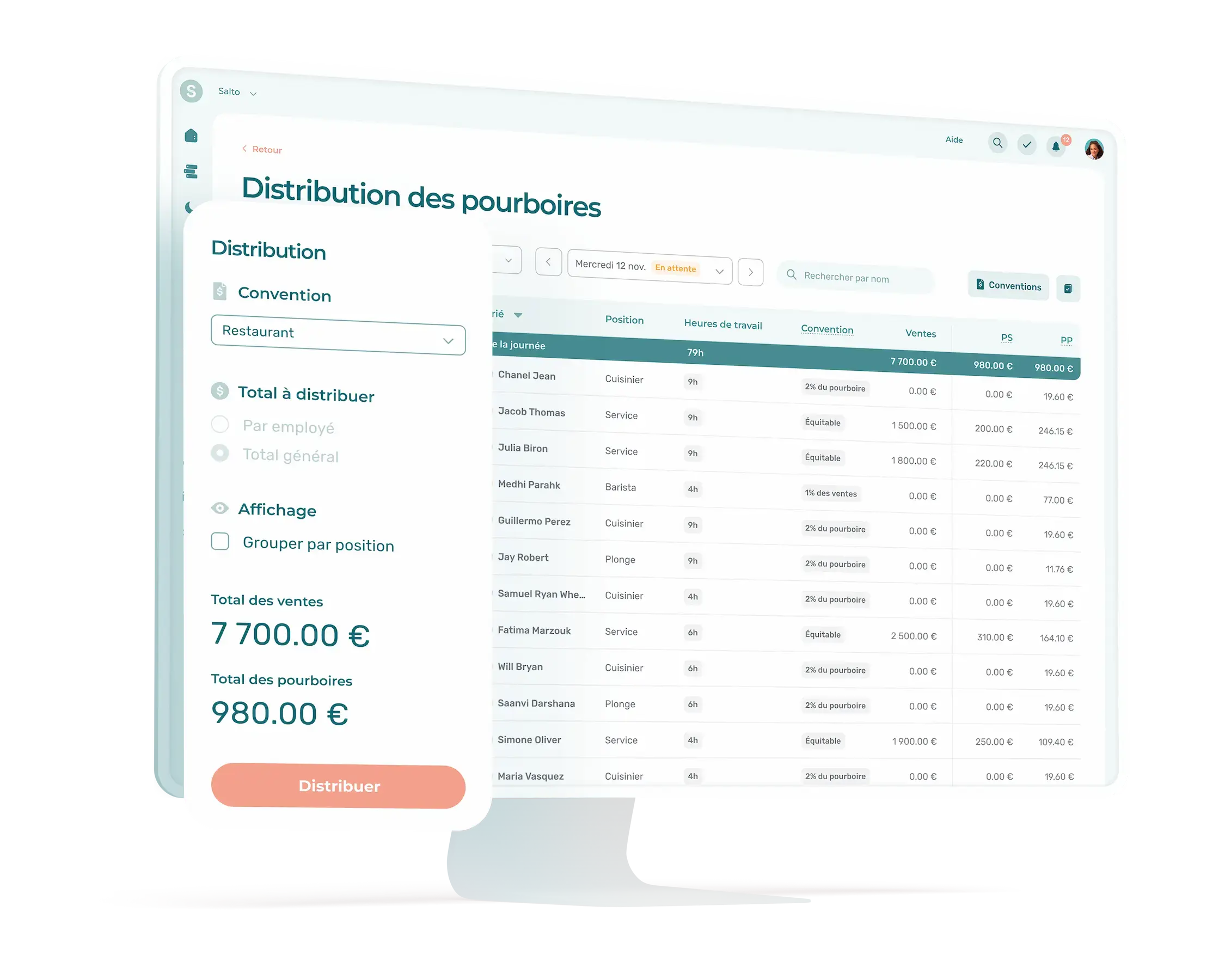 Interface de l'outil de partage des pourboires dans Agendrix