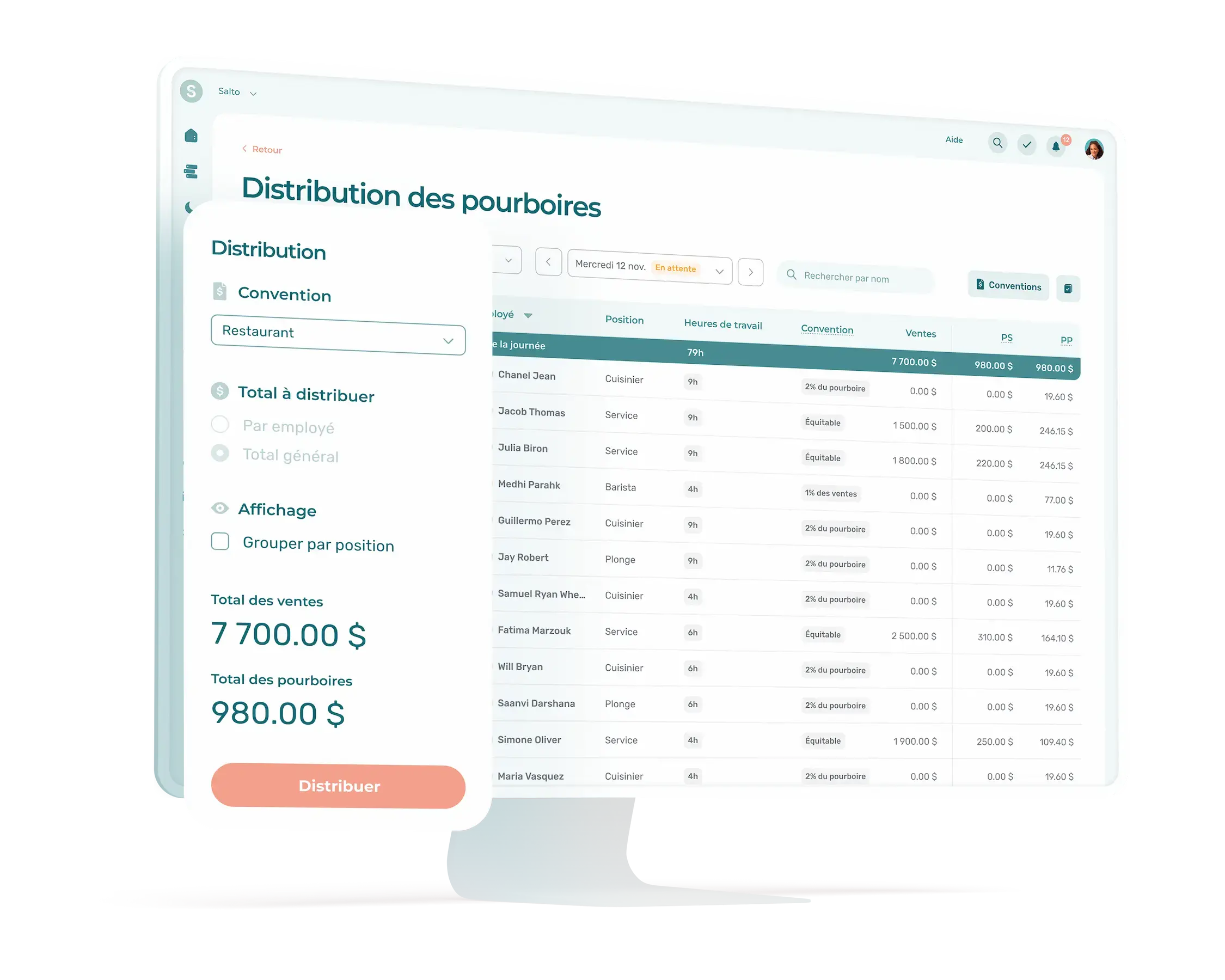 Interface de l'outil de partage des pourboires dans Agendrix